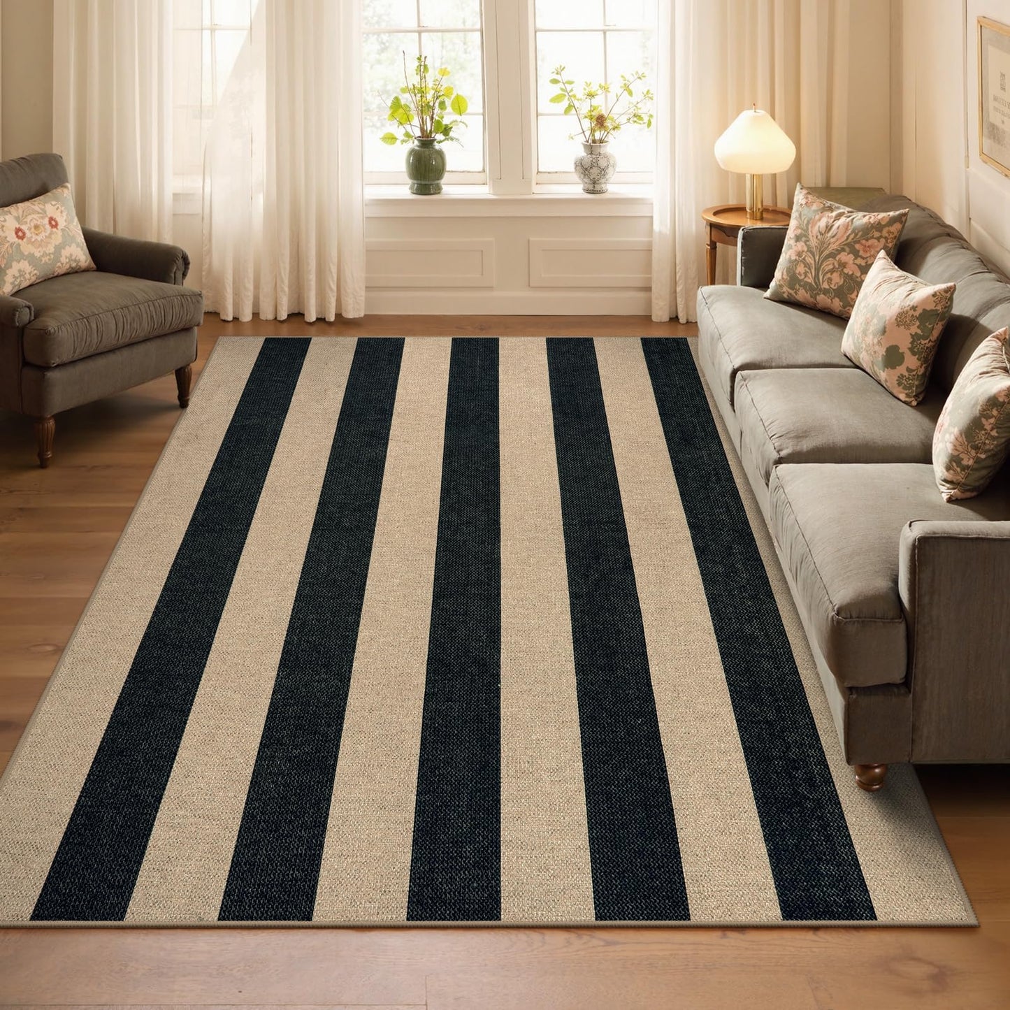 Lahome Elance Striped Easy Jute Outdoor Rug 5x7, Large Neutral Dining Living Room Rug, Farmhouse Non Slip Non Shedding Washable Indoor Outdoor Black Carpet for Office Deck Patio Backyard Bedroom
