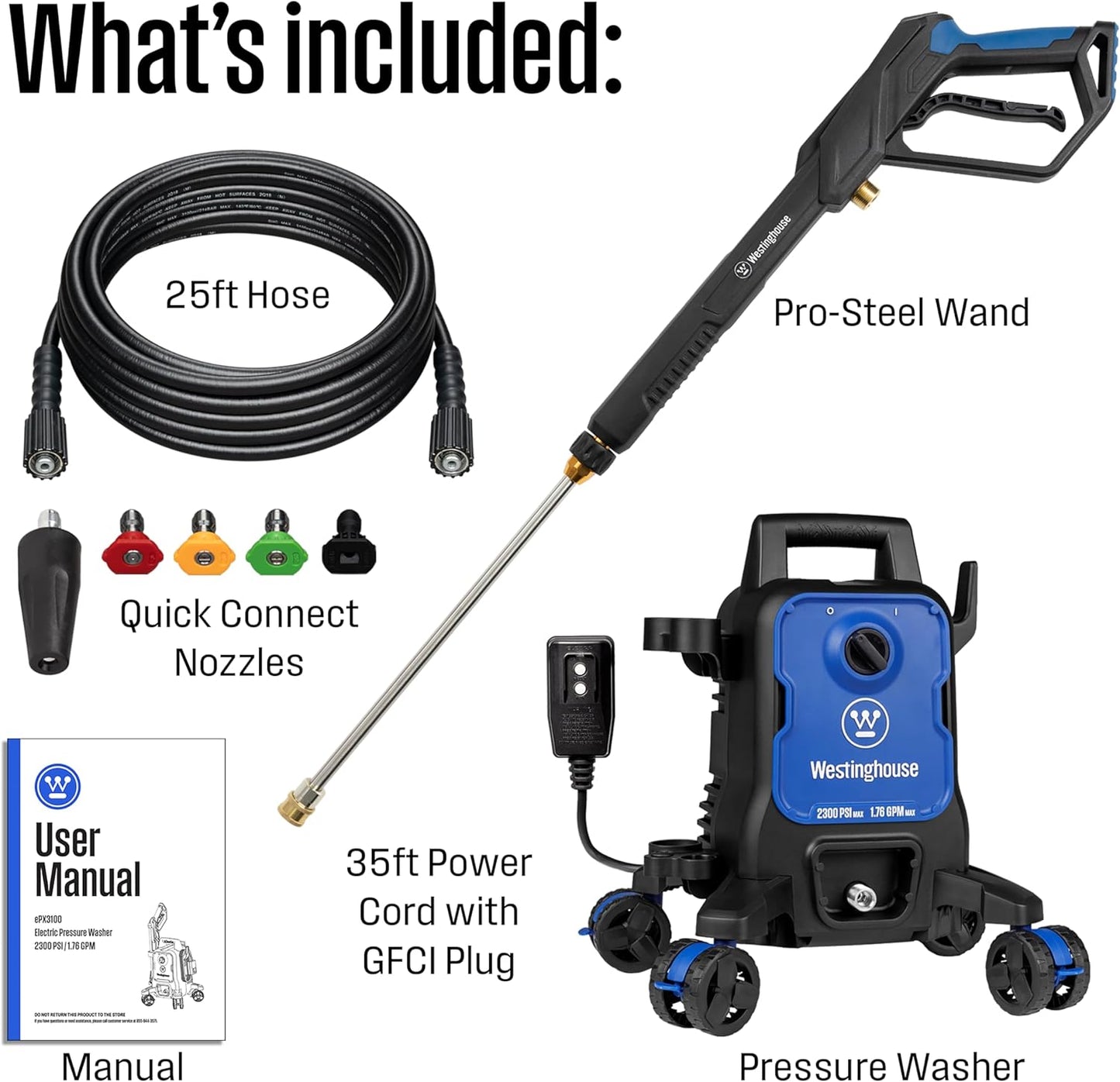 Westinghouse ePX3100 Electric Pressure Washer - 2300 Max PSI, Anti-Tipping, Onboard Soap Tank, 5 Nozzle Set