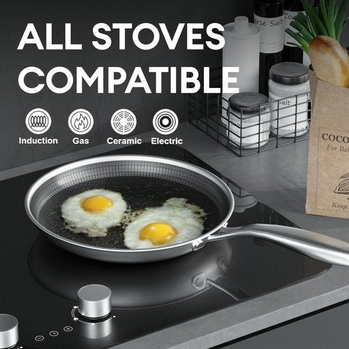 COOKER KING 8-Inch Stainless Steel Pan, Hybrid Nonstick Frying Pan, Skillet, 3-Ply Clad Cookware, Even Heat Distribution, Dishwasher & Oven Safe, with Stay-Cool Handle, Induction Compatible