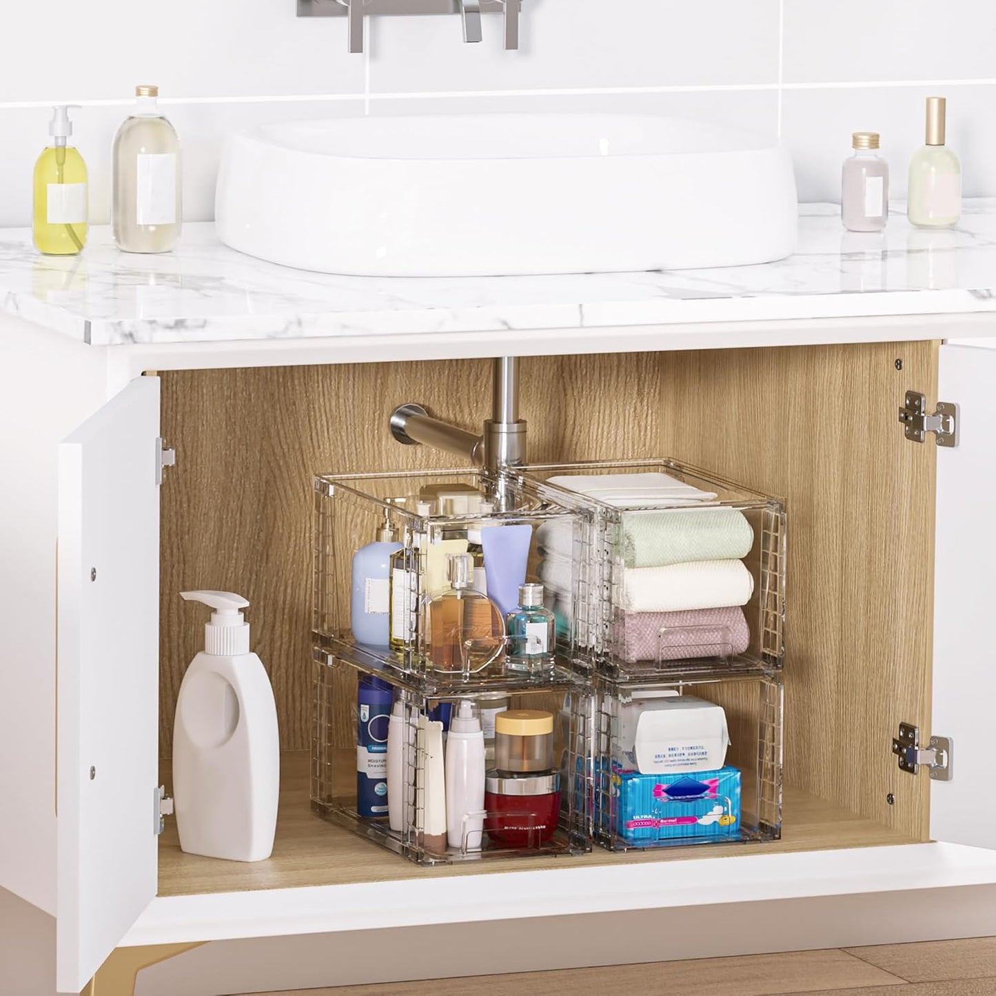 Vtopmart 4 Pack Large Stackable Storage Drawers - Easy Assembly Acrylic Organizers for Bathroom & Kitchen