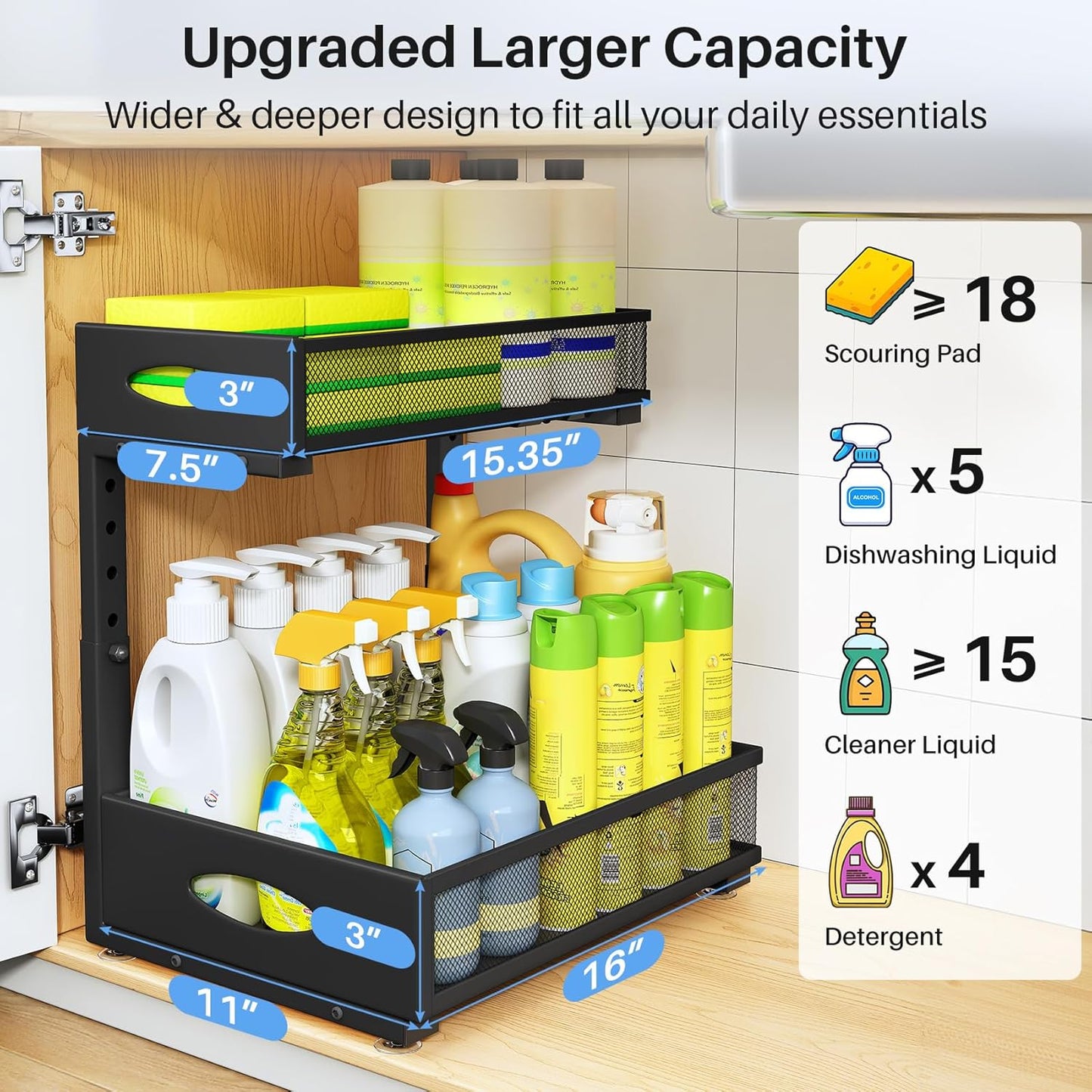 Under Sink Organizer - 2 Tier Pull Out Cabinet Shelf with Mesh Drawers | Black Storage Solution
