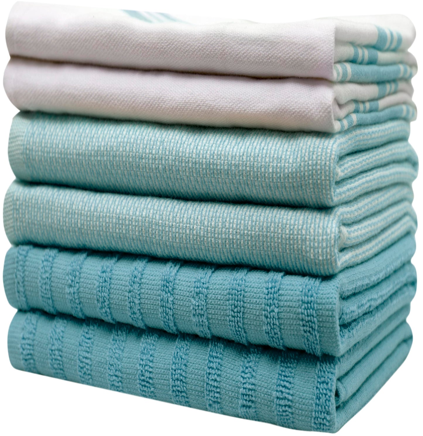 Premium Kitchen Towels (20”x 28”, 6 Pack) | Large Cotton Dish Towels | Flat & Terry Highly Absorbent Kitchen Linen Set with Hanging Loop | Wide Stripe Aqua