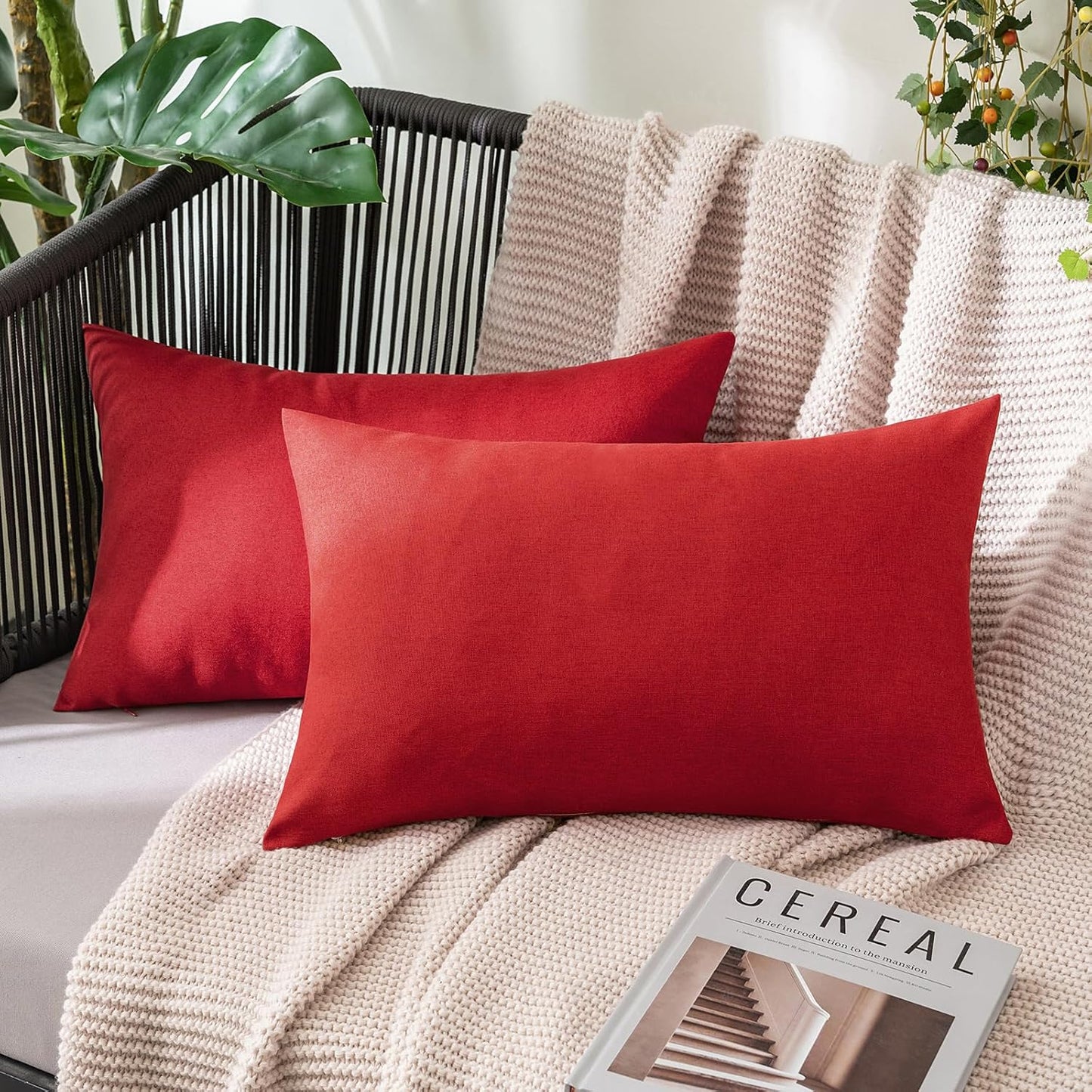MIULEE Decorative Outdoor Throw Pillow Covers - Waterproof Faux Linen Cushion Cases | 20x12 Inch Red, Set of 2