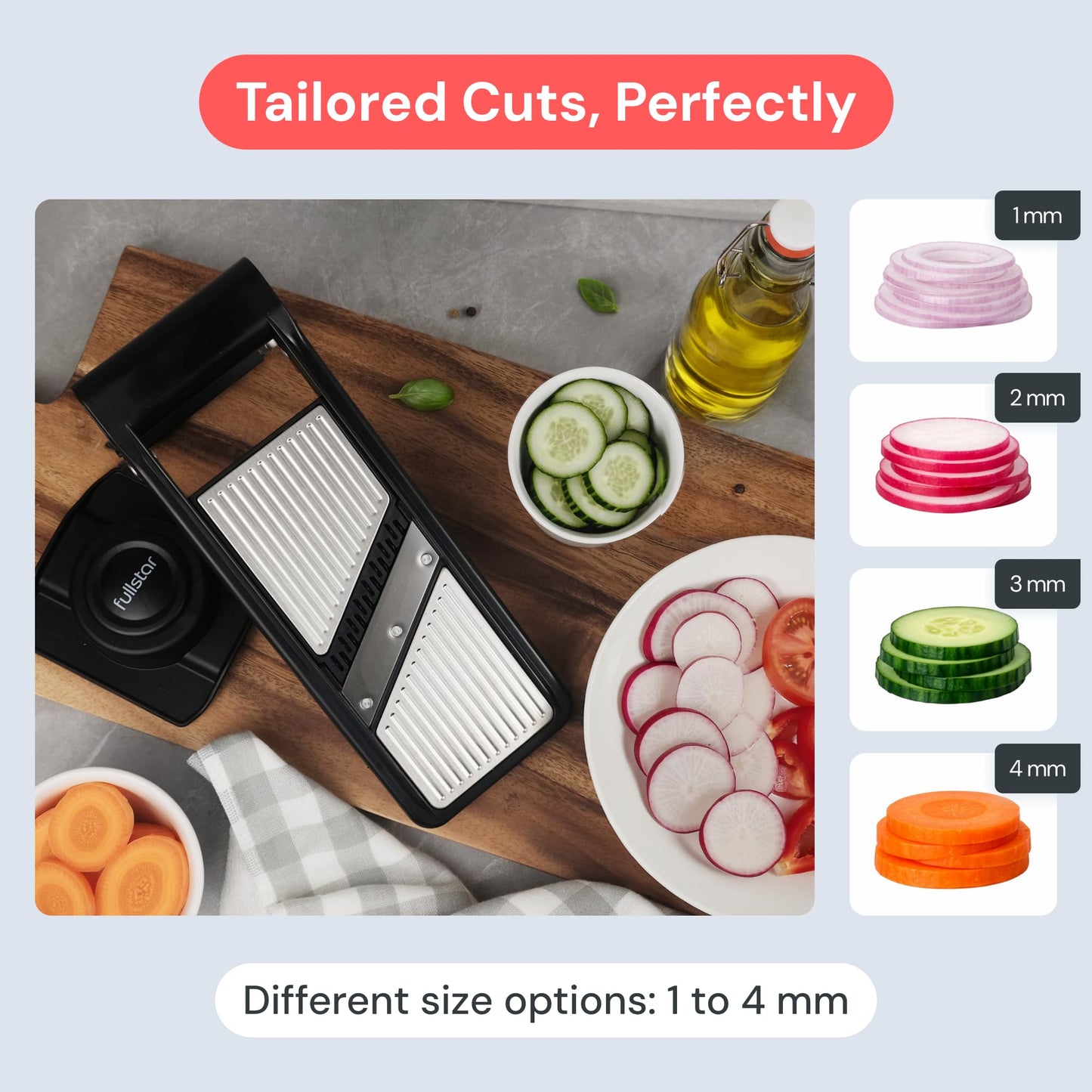 Fullstar Mandoline Slicer for Kitchen – Stainless Steel Vegetable Cutter & Cheese Grater with Adjustable Blades, Safety Glove & Catch Tray Included (7-in-1, Silver)