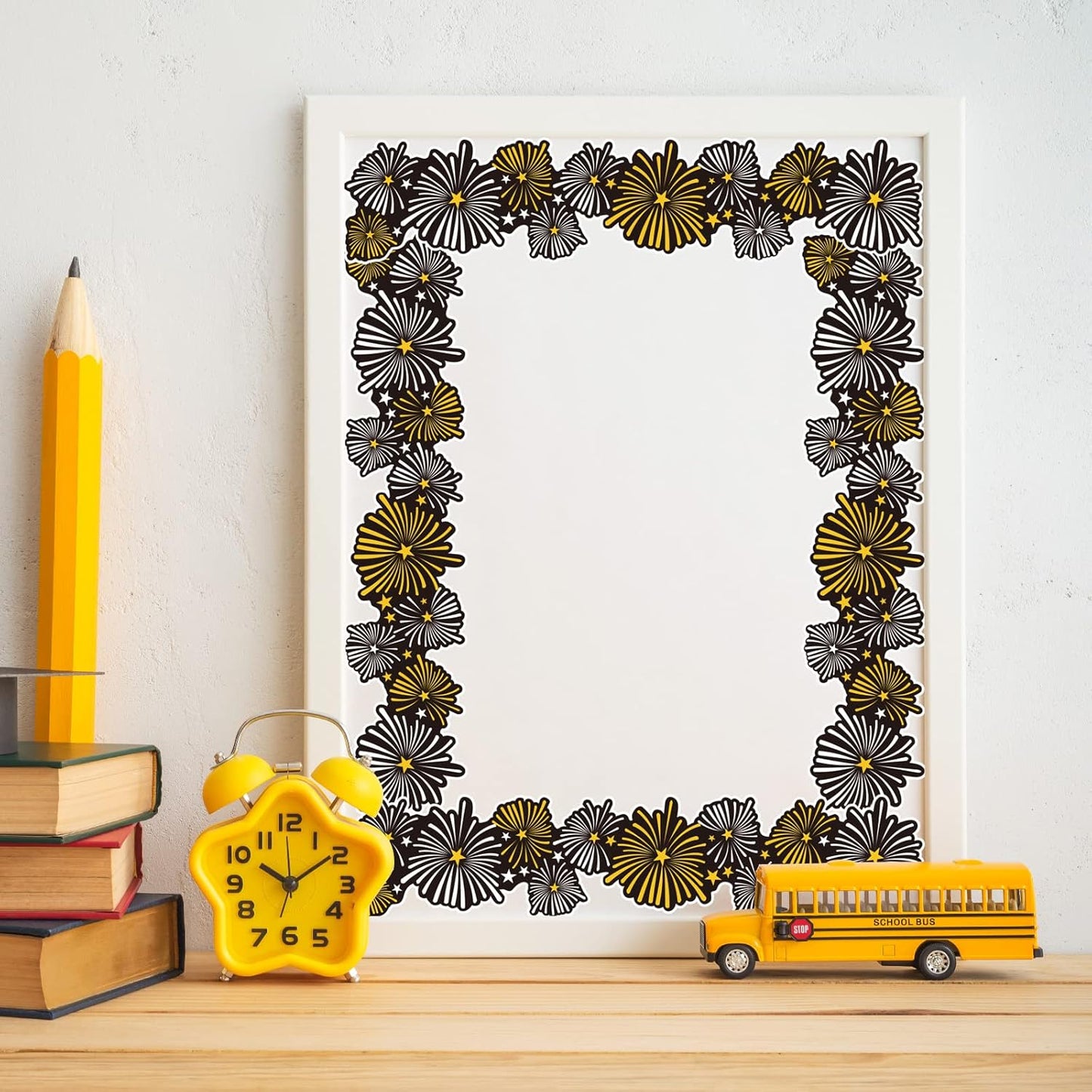 Whaline Graduation Bulletin Board Border - 69Ft Black, Gold & White Cap Firework Design for School Decor