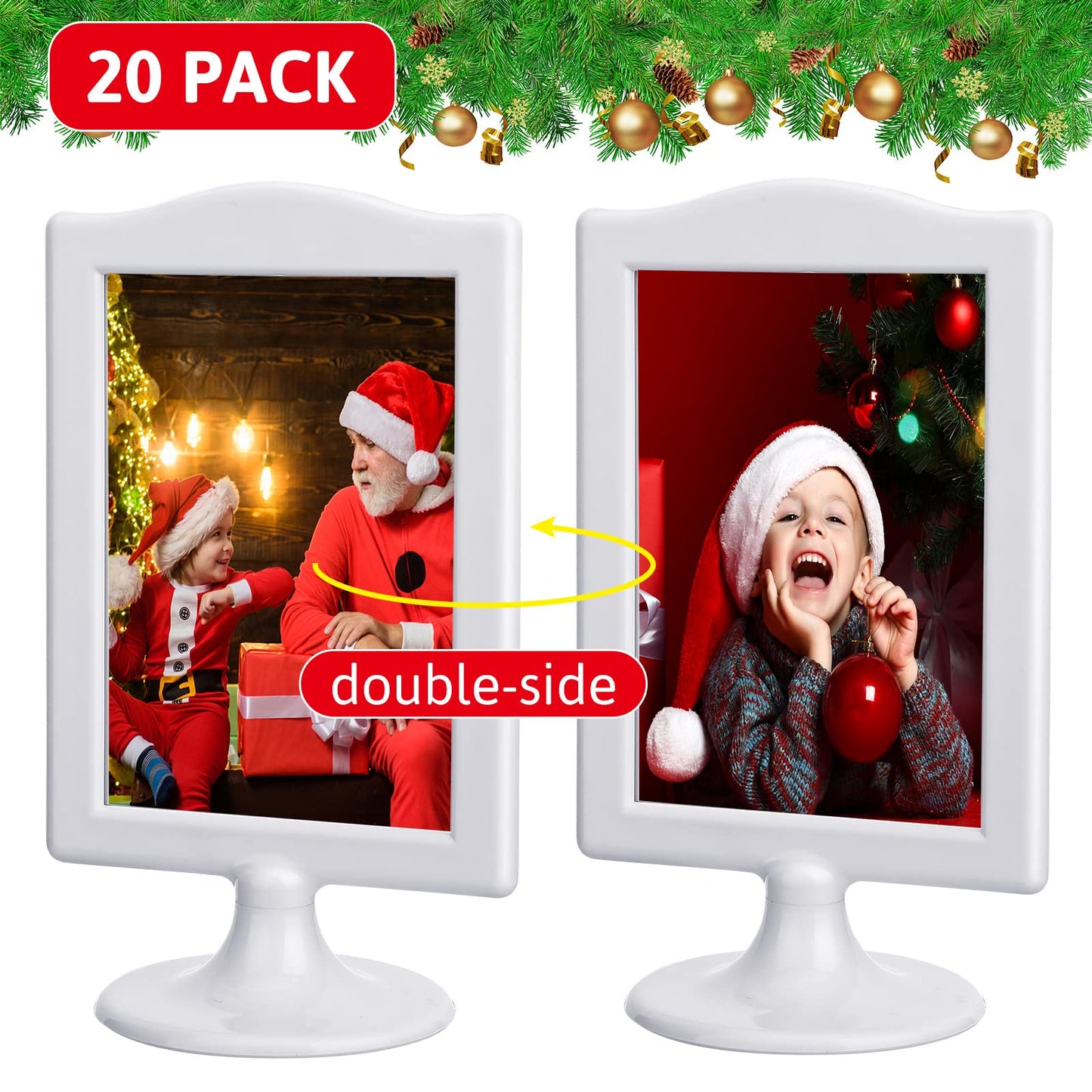 Amyhill 20 Pcs Double Sided Standing Picture Frames 4 x 6 Pedestal Photo Frame Plastic Each Holds 2 Pictures Tabletop Vertical Display for Wedding Table Bridal (White)