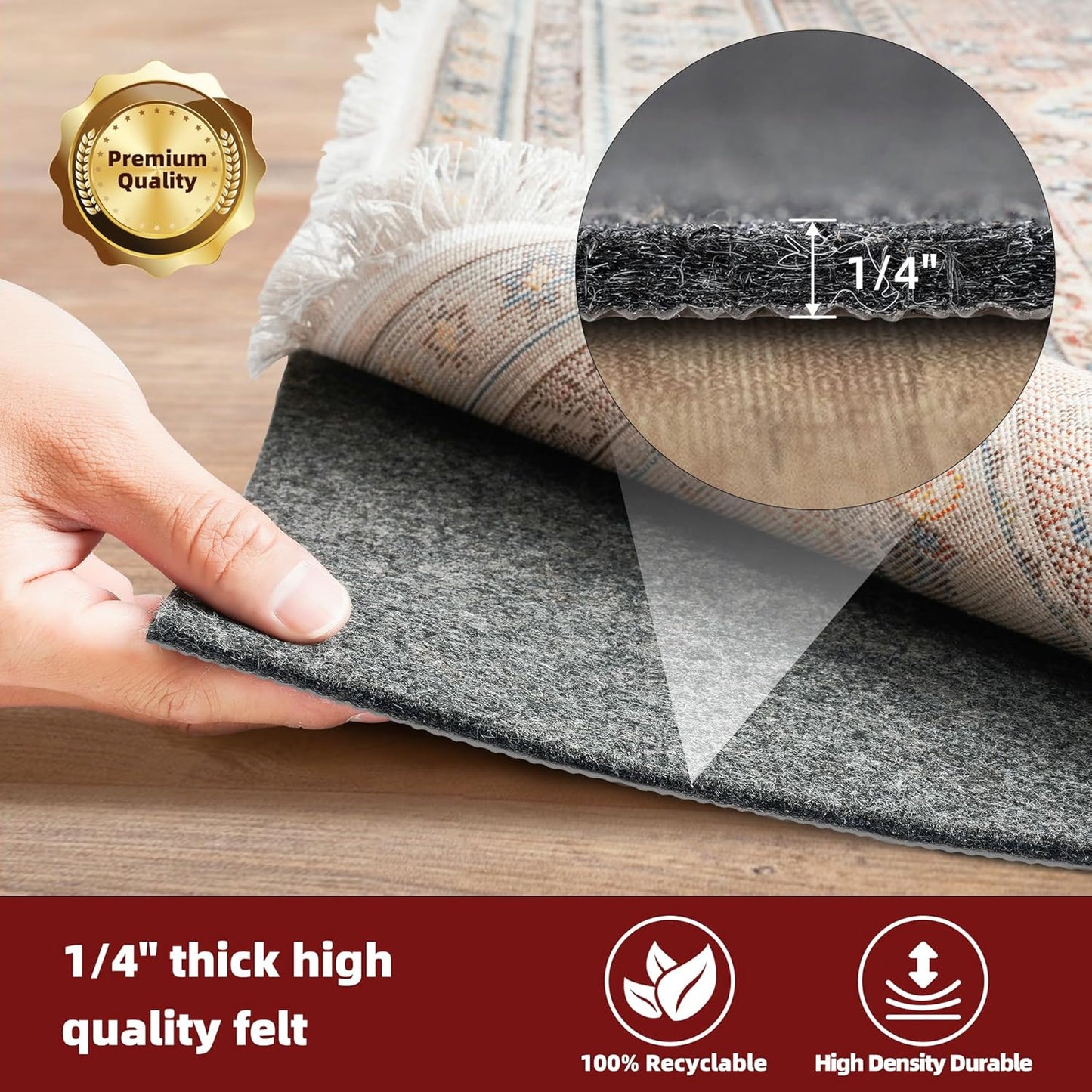 BAGAIL Non-Slip Rug Pads - 1/4” Thick Felt & Natural Rubber Backing | 5 x 7 Ft Carpet Grippers for Hardwood Floors