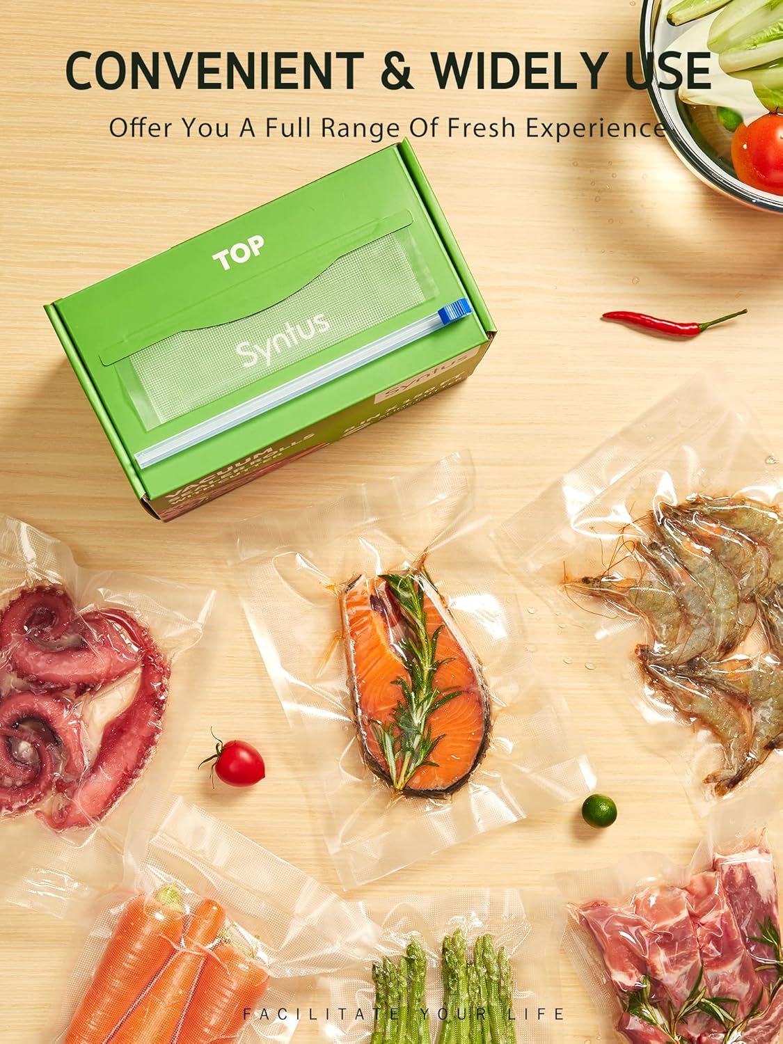 Syntus Food Vacuum Seal Roll - 8" x 150' with Cutter Dispenser | BPA-Free for Meal Prep & Storage