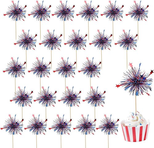 24Pcs American Patriotic Cupcake Toppers, 4th of July Foil Firework Cupcake Toppers Tinsel Drink CupCake Decoration Picks Independence Day Supplies Favor