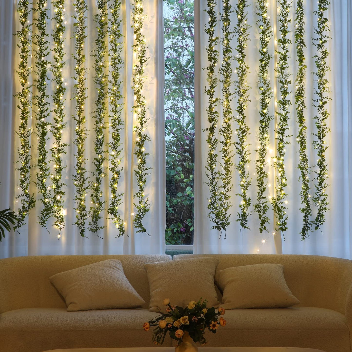 Dolicer 2 Packs Eucalyptus Garland with LED Lights String, 12Ft Faux Eucalyptus Greenery Garland, Artificial Hanging Green Eucalyptus Leaves Vine Wedding Backdrop Arch Wall Table Decor (Grey Green)
