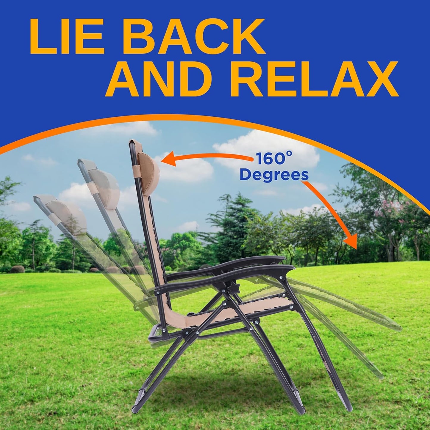 SereneLife Zero Gravity Lounge Chairs 2-Pack - Adjustable Folding Recliners with Cup Holder & Side Table - Cream for Patio, Lawn & Garden