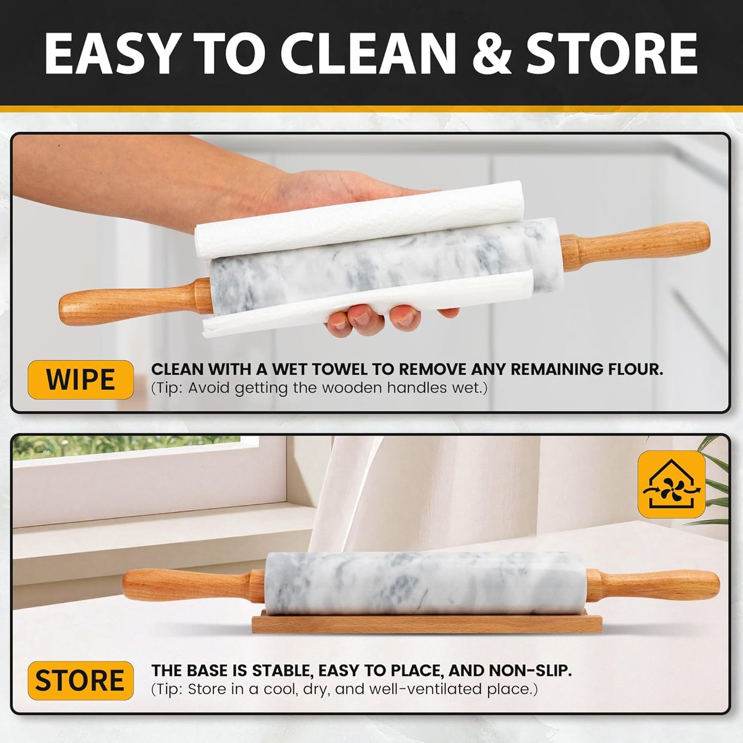 Skiennix Marble Rolling Pin - 16.7 Inches with Wooden Handles & Cradle | Perfect for Pizza Dough, Pasta, Cookies, and More!