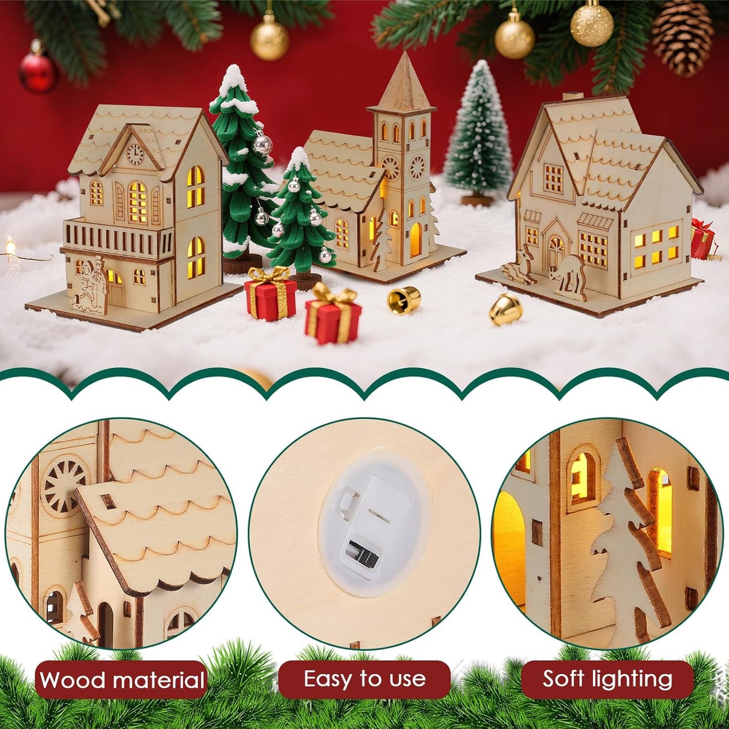 Rustic Christmas Village Houses by [Brand Name] - LED Light Wooden Decor for Holiday Centerpieces | 3 Pcs Set