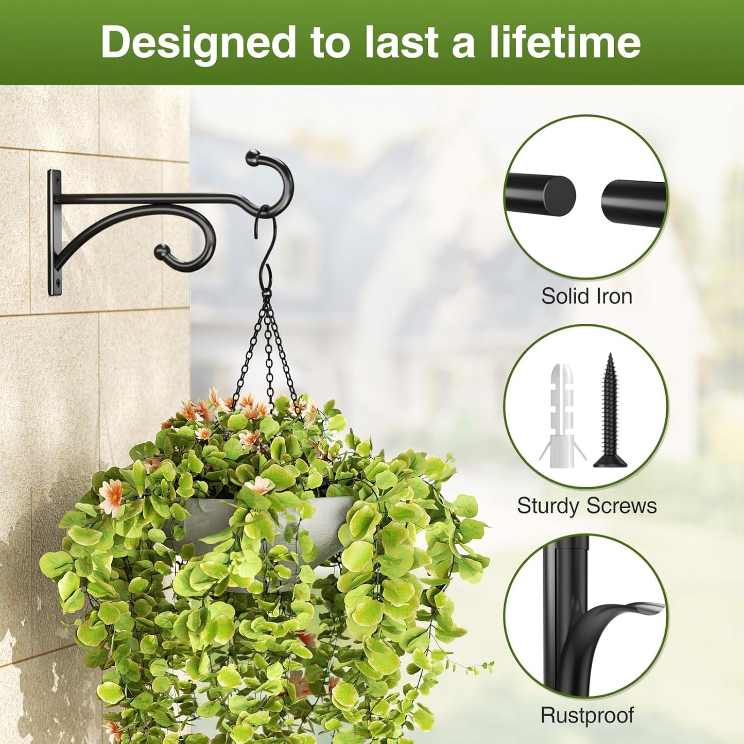 Plant Hanger Hooks - Black Metal Wall Mounts for Indoor/Outdoor Planters | 2-Pack for Baskets & Lanterns