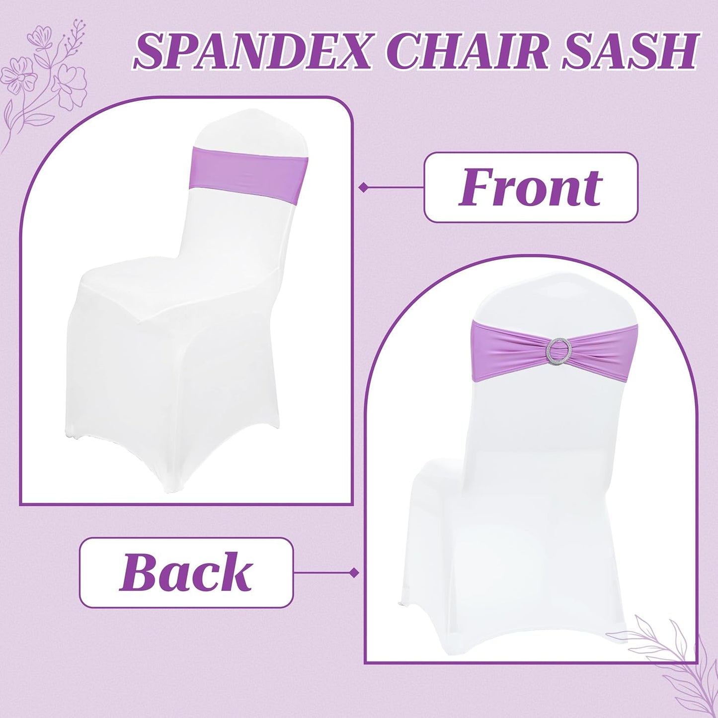 MDS Premium Stretch Spandex Chair Sashes - Pack of 50 Light Purple Covers with Buckle Slider for Weddings & Events