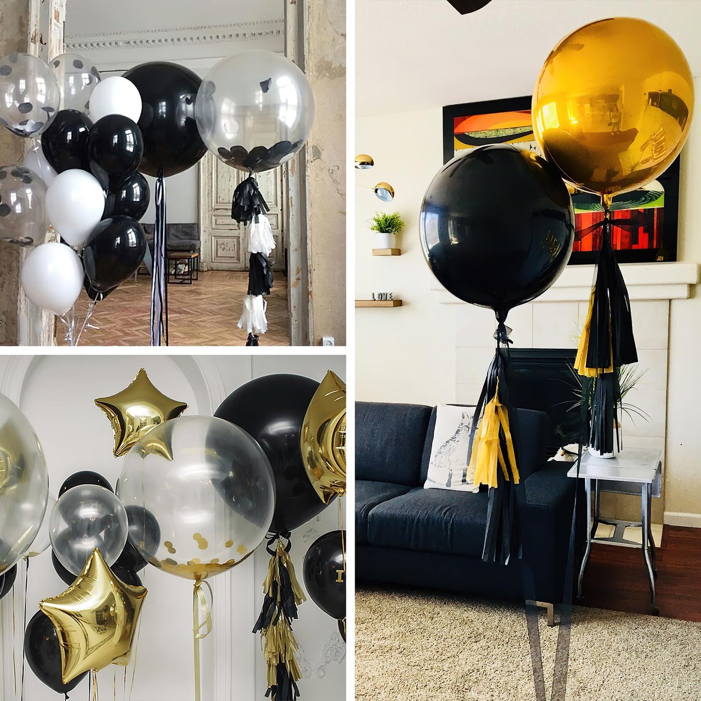 PartyWoo Black Foil Balloons 3pcs 50 Inch Large Round Foil Big Giant 4D Jumbo Inflatable Mirror Ball Mylar Balloons for Halloween Graduation Birthday Retirement Anniversary Party Decorations