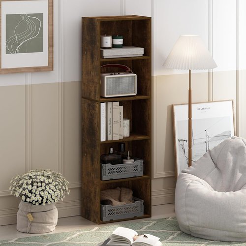 Furinno LUDER 5-Tier Bookshelf - Easy Assembly Bookcase with Open Shelves | Amber Pine, 9.4 x 15.8 x 52