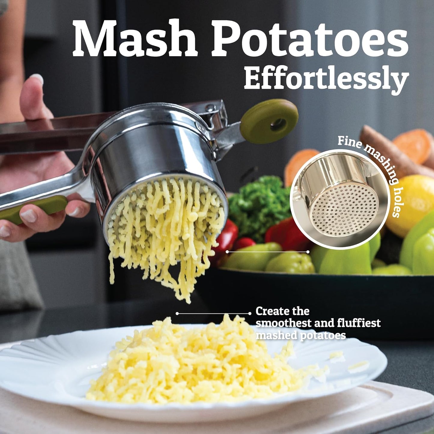 PriorityChef 15oz Potato Ricer - Heavy Duty Stainless Steel Masher with 3 Discs | Olive Green