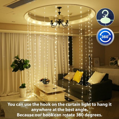 HXWEIYE 300LED Fairy Curtain Lights - 9.8x9.8Ft USB Plug-In with Remote | 8 Modes for Wedding & Home Decor, Warm White