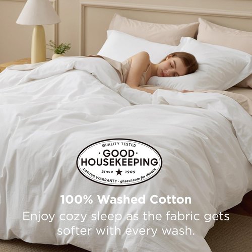 Bedsure 100% Washed Cotton Duvet Cover - Soft Natural White King Size Bedding Set (104"x90")
