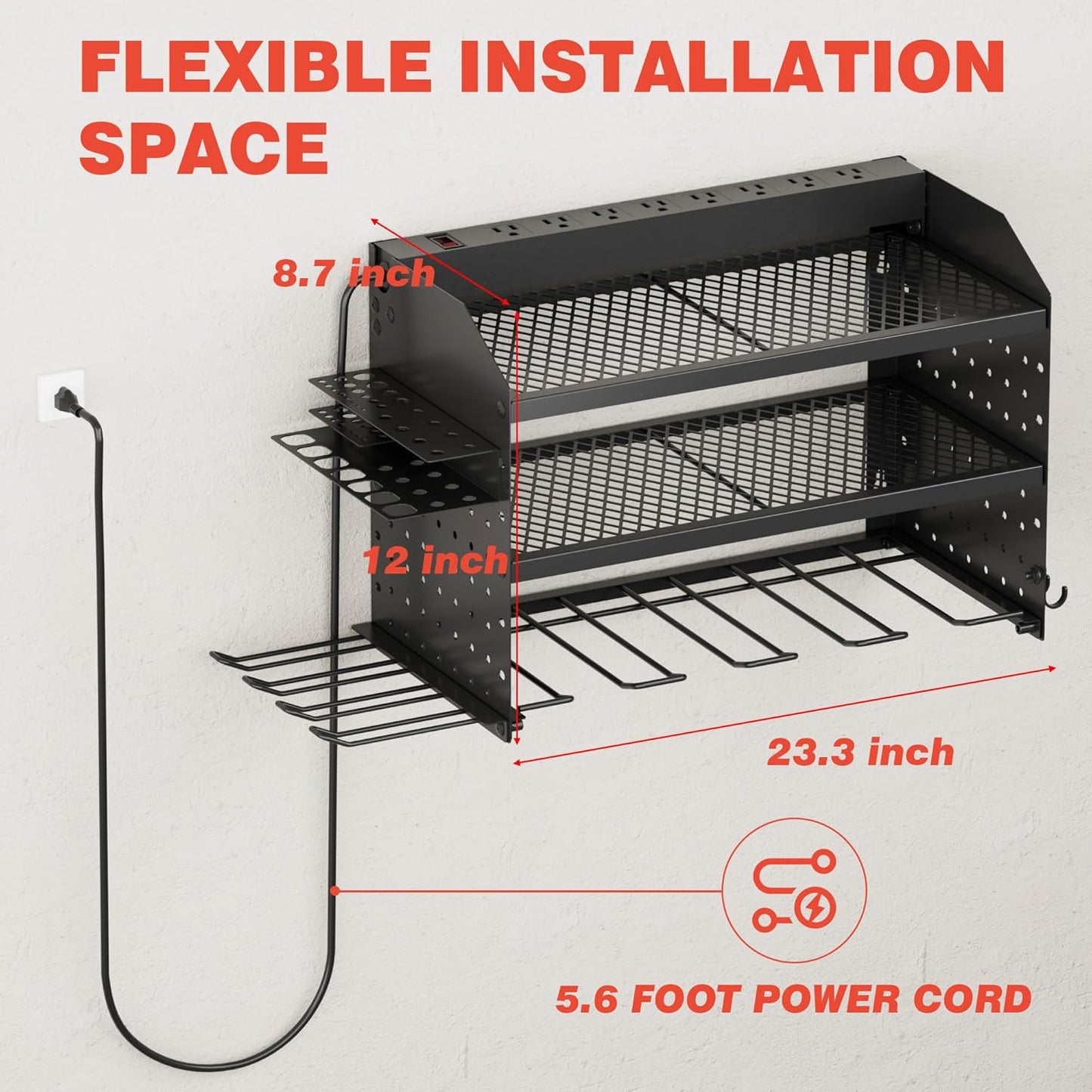 Power Tool Organizer - Wall Mount Charging Station with 8 Outlets | Heavy-Duty Metal Rack, 23-Inch 3-Tier Shelves for Garage Storage