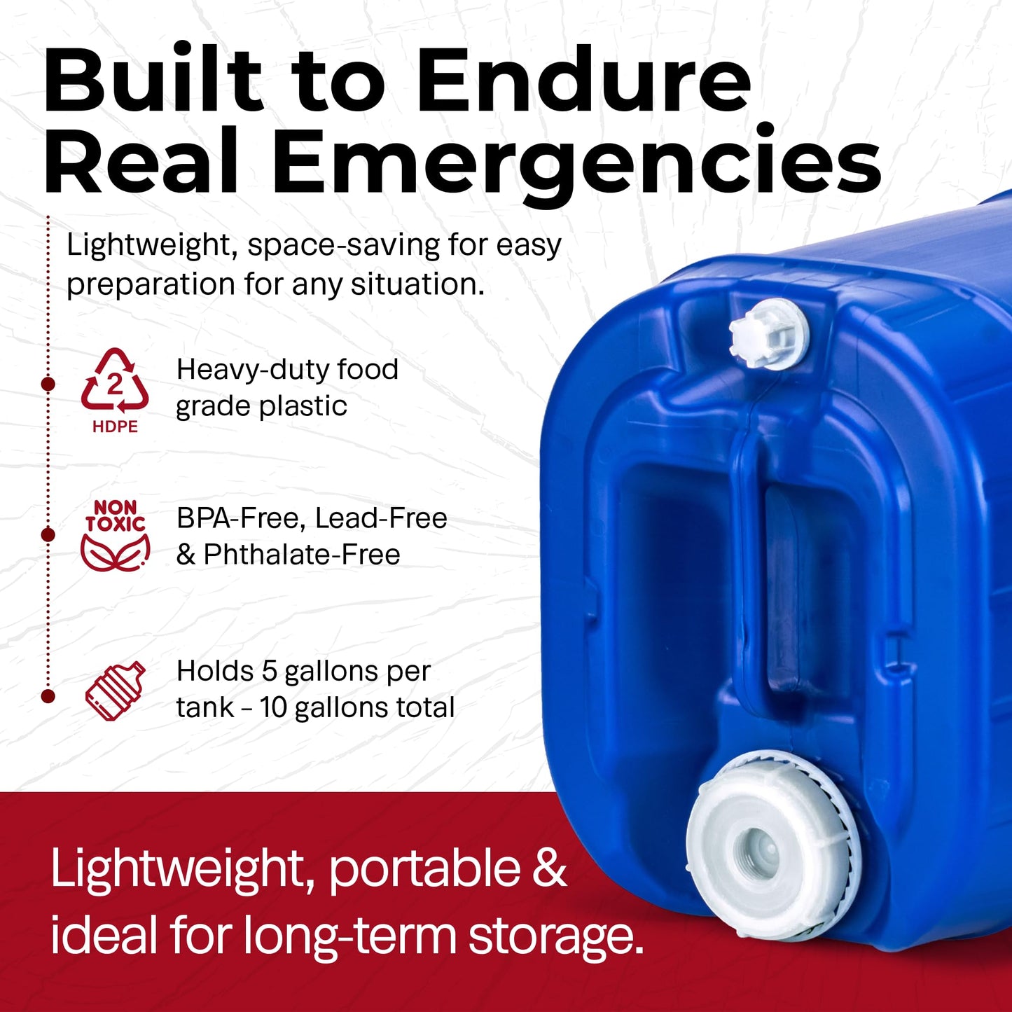 Legacy Food Storage Emergency Water Storage Containers, Long Term 5 Gallon Water Tank - 2 Stackable Food Grade Tanks Included, for Camping, Prepping, Survival - 10 Gallon Total Capacity