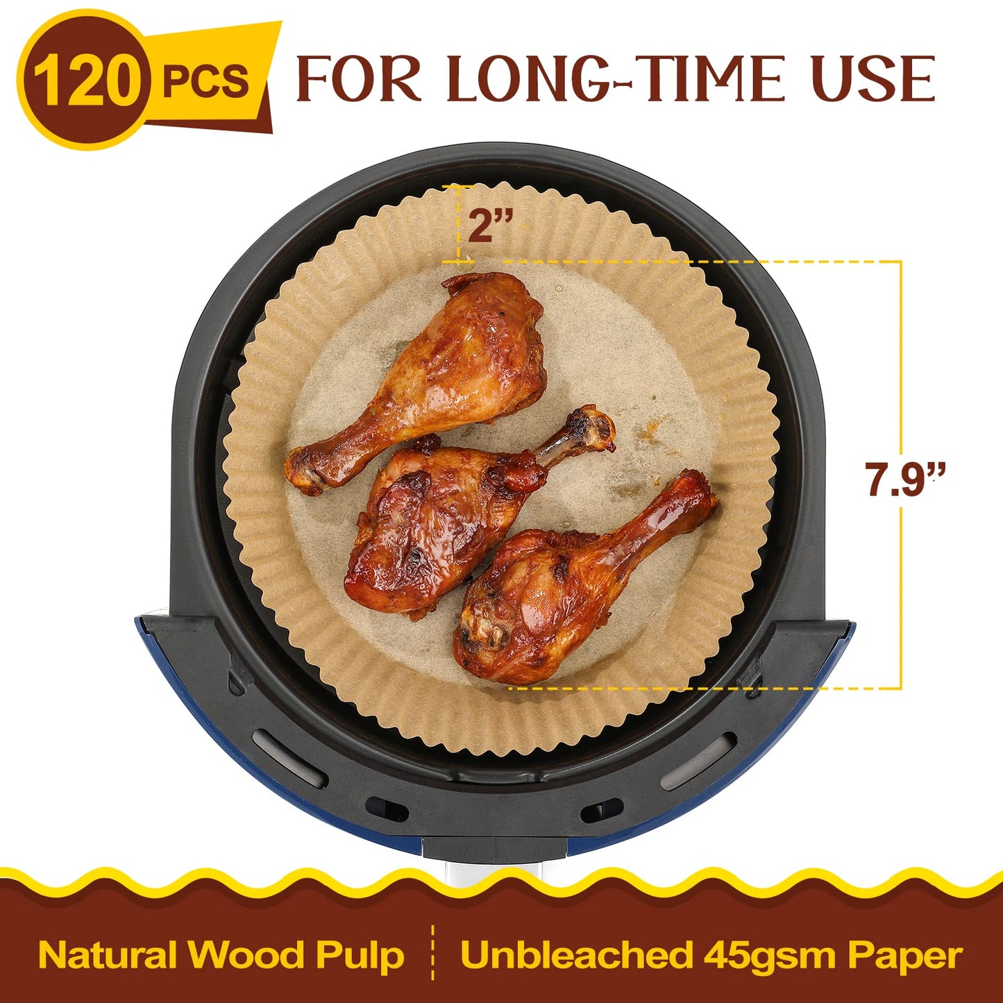 120 Pcs Air Fryer Disposable Paper Liner, 7.9-inch [ Fit 5-8 QT ], Non-stick Parchment Paper for Frying, Baking, Cooking, Roasting and Microwave - Unbleached, Oil-proof