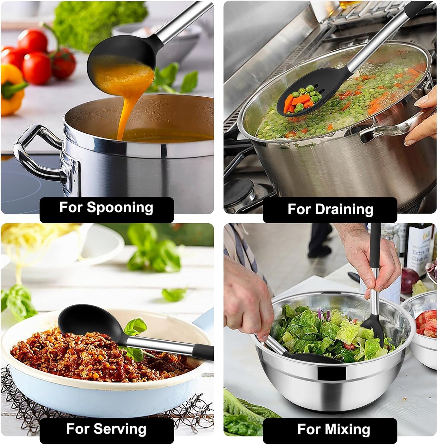 TeamFar Silicone Cooking Utensils Set - 4 PCS Heat-Proof Non-Stick Spatula & Spoon Set with Stainless Steel Handle - Black