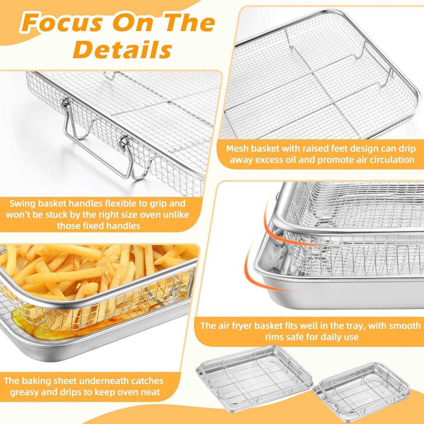 TeamFar Air Fryer Basket Set - Stainless Steel Oven Racks with Baking Pan | 16”x12” & 12.5”x9.6”