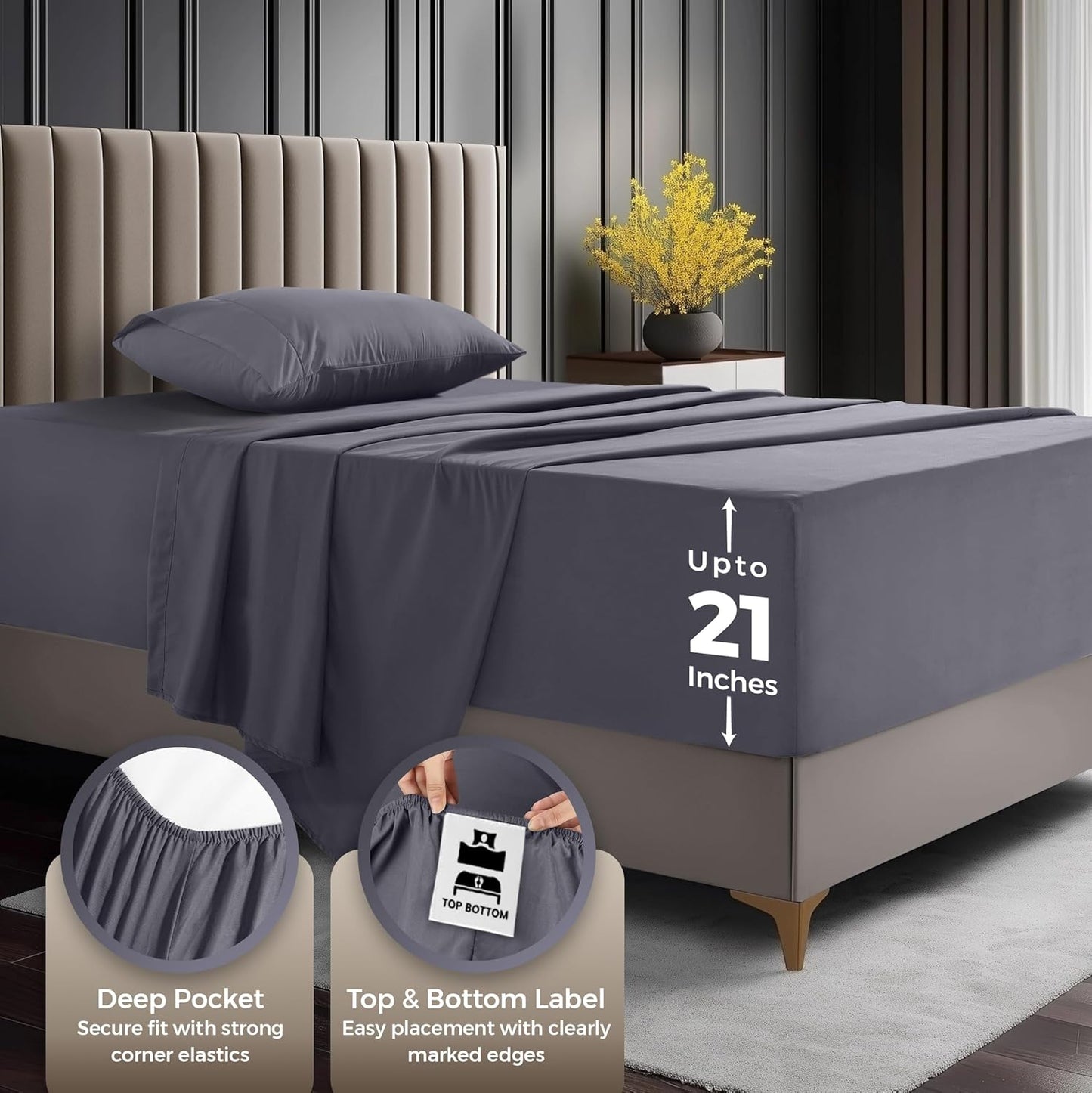 Utopia Bedding Twin Size Sheet Set - Extra Deep Pocket for Mattresses Up to 21" - Cooling & Soft - Oeko-Tex Certified (Grey)