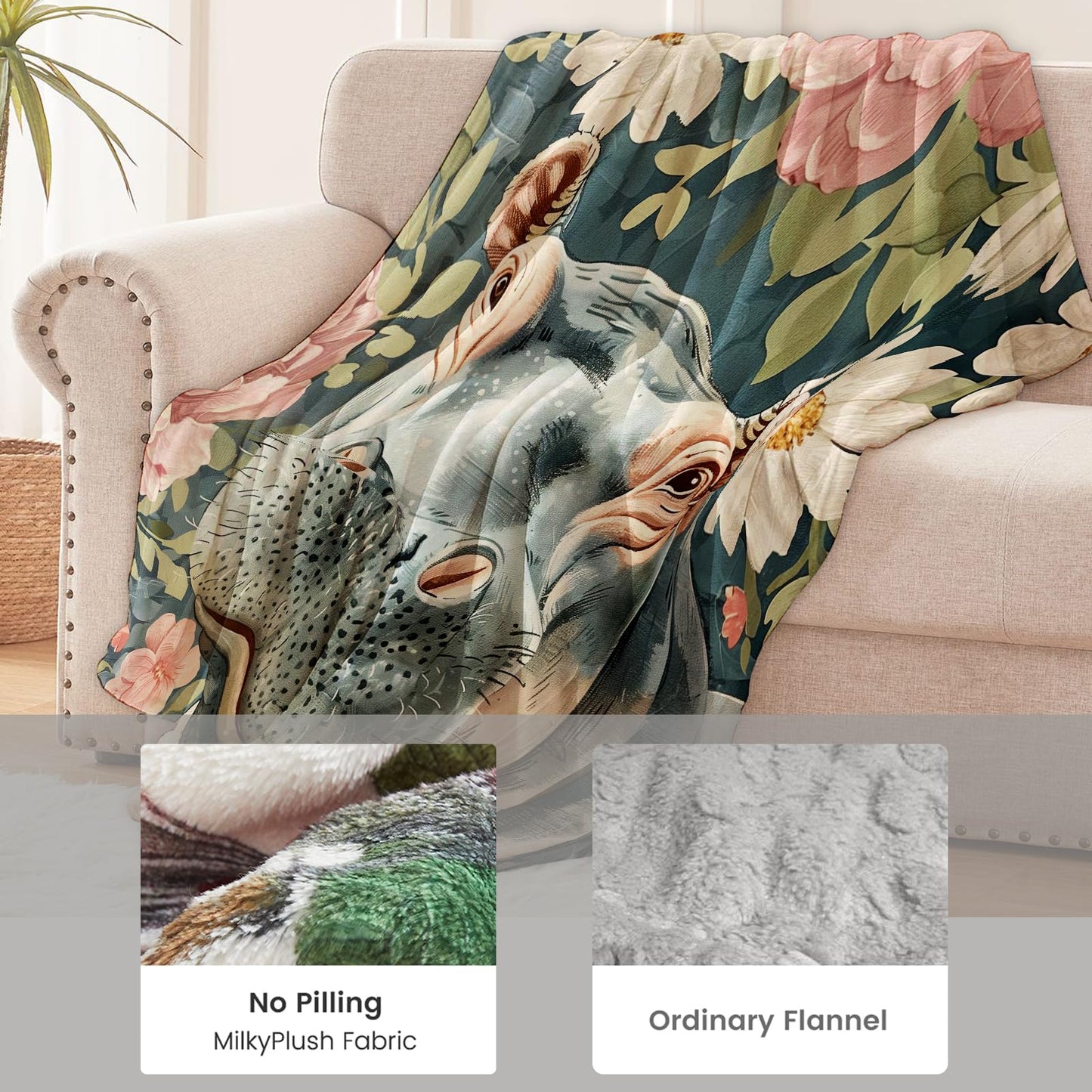 Hippo Blanket for Kids Boys Girls, Flannel Hippo Blankets Gifts, Floral Flower Hippo Throw Blanket for Sofa Couch Bed Living Room Soft Warm Cozy Hippo Decor 60" x 50"