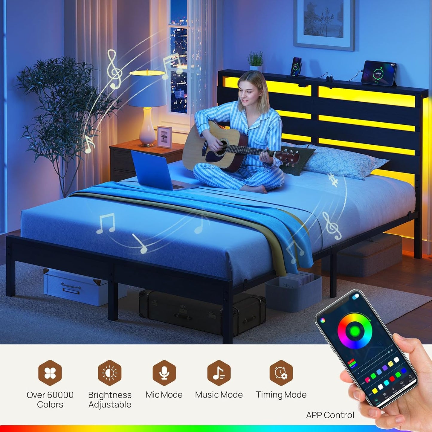 Rolanstar Full Size Bed Frame - LED Platform Bed with USB Charging Station & Wood Storage Headboard - Black