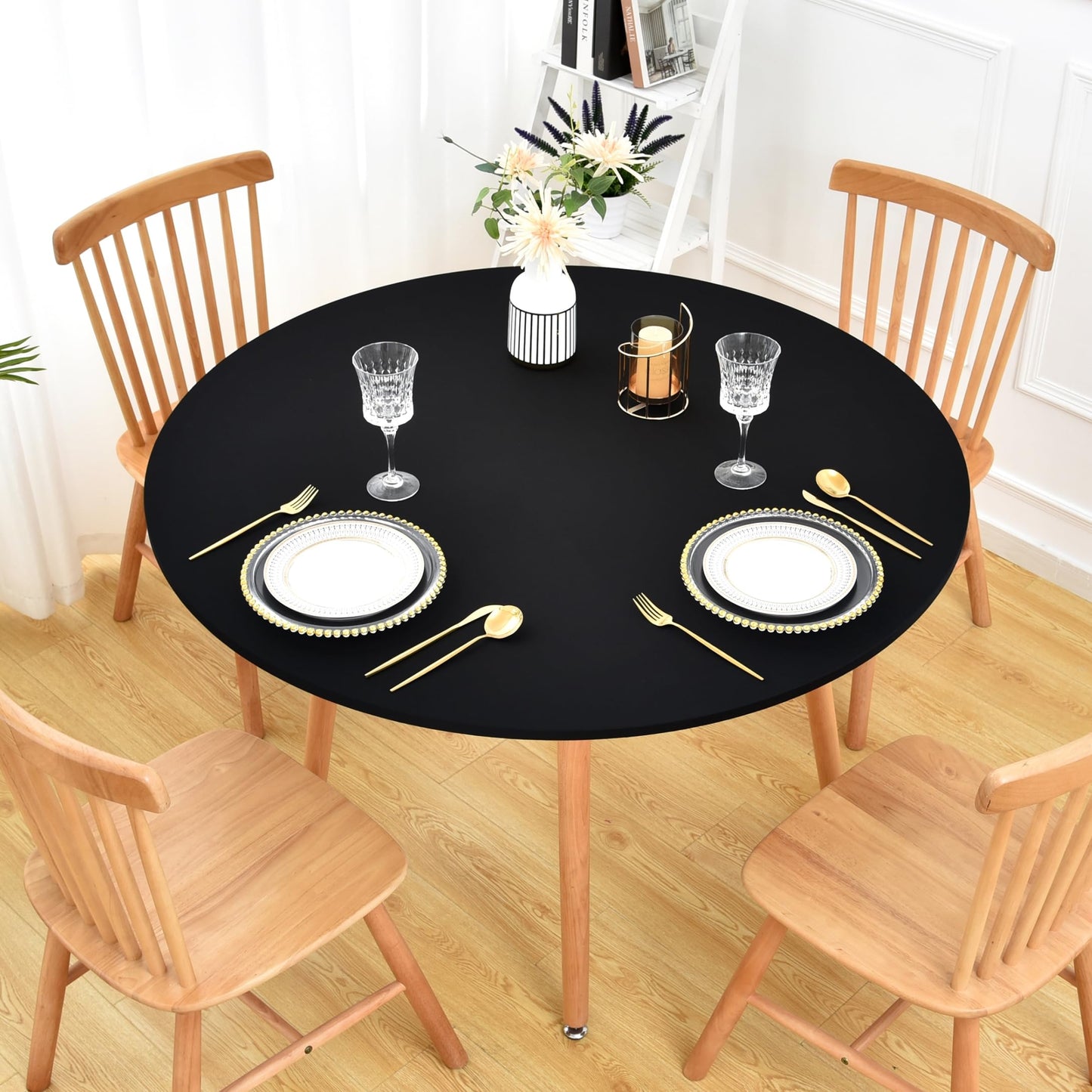 Monibana Fitted Tablecloth with Elastic Edged for Round Tables, Spandex Stretch Table Cover 48 Inch for Home Dining Picnic Party, Black