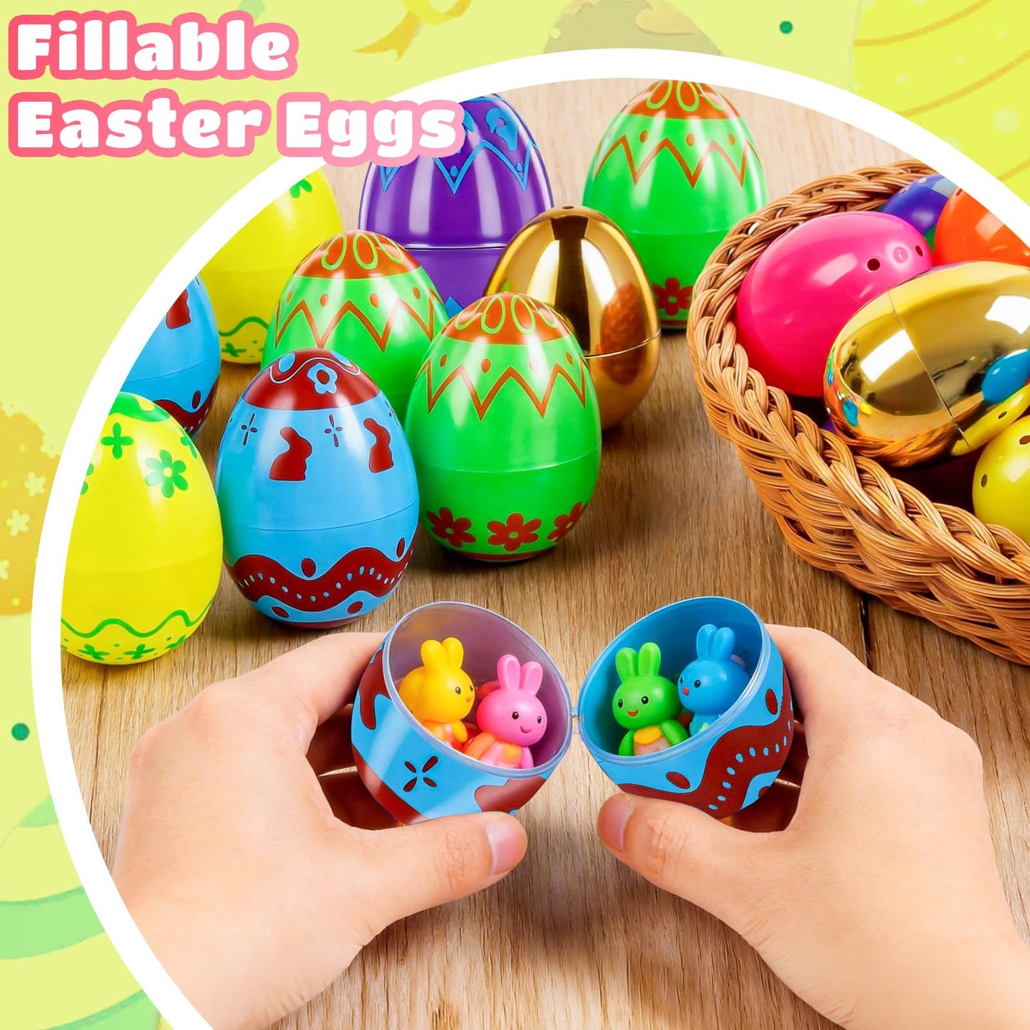 MGparty 50 Pcs Plastic Easter Eggs Empty 2.3 Inch Fillable Easter Eggs Bulk with 2 Golden Eggs, Printed Plastic Eggs for Easter Egg Hunt, Basket Stuffers, Party Favors, Classroom Prizes Decorations