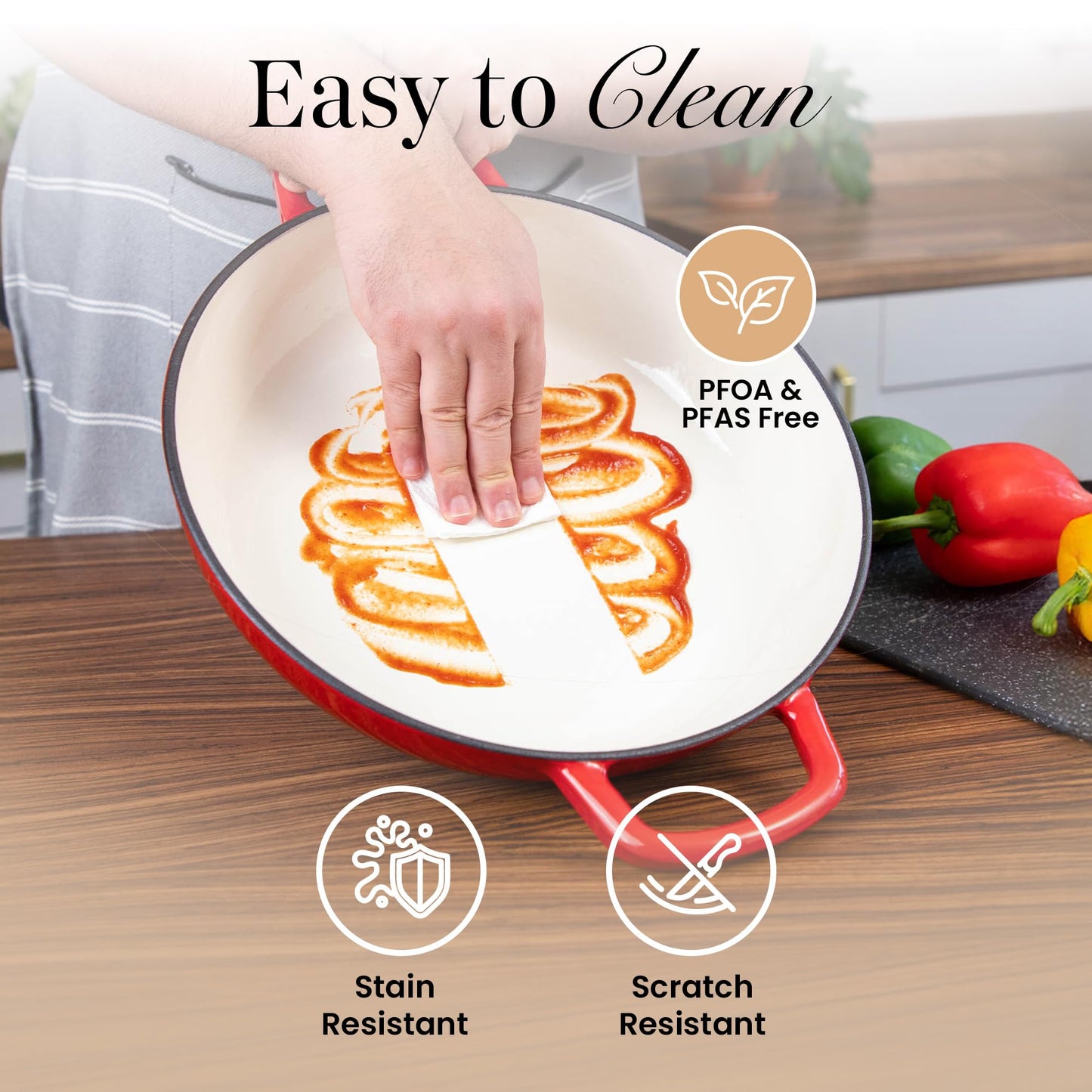 Shallow Cast Iron Casserole with Lid – Non Stick Dutch Oven Pot, Oven Safe up to 500° F – Sturdy Ovenproof Stockpot Cookware – Enamelled Cooking Pot – Red, 5-Quart, 32cm – by Nuovva