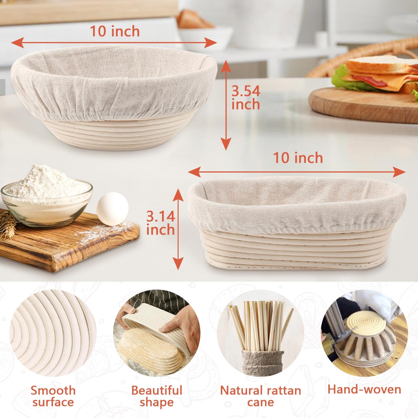 PeacePeo Sourdough Bread Baking Supplies, Sourdough Starter Kit for Bread Making Includes 10" Round & Oval Banneton Bread Proofing Basket with Liners Sourdough Kit for Making Baking Fermentation