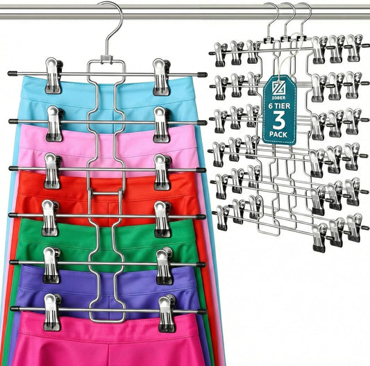 ZOBER 3-Pack 6-Tier Skirt Hangers with Clips - Space-Saving Closet Organizer for Women’s Jeans & Skirts