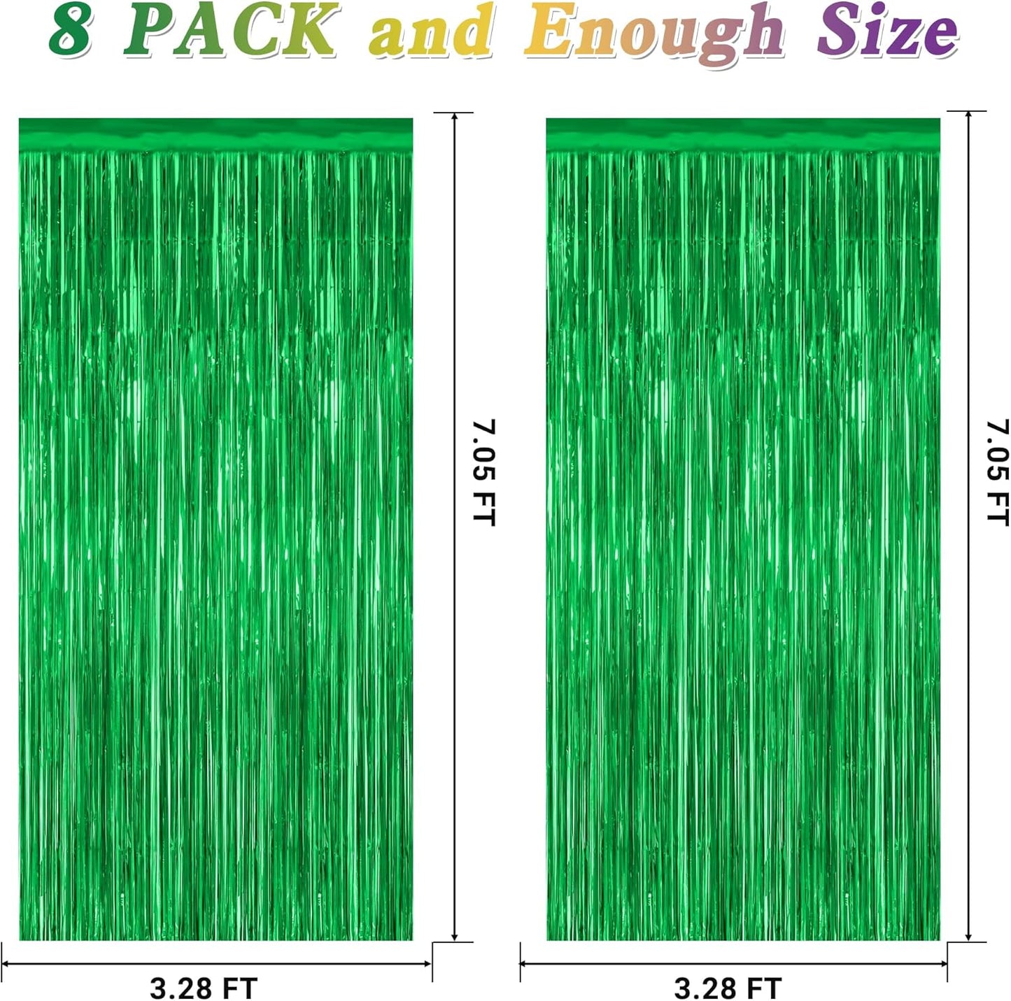 Skiennix 8 Pack Green Streamers - 3.28 FT x 7.05 FT Dinosaur Backdrop & Metallic Tinsel Curtains | Jungle Party Decor