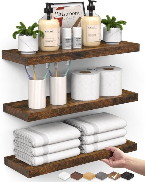 BAYKA Floating Bathroom Shelves - Rustic Wood Over Toilet Decor | Set of 3, Farmhouse Style, Rustic Brown