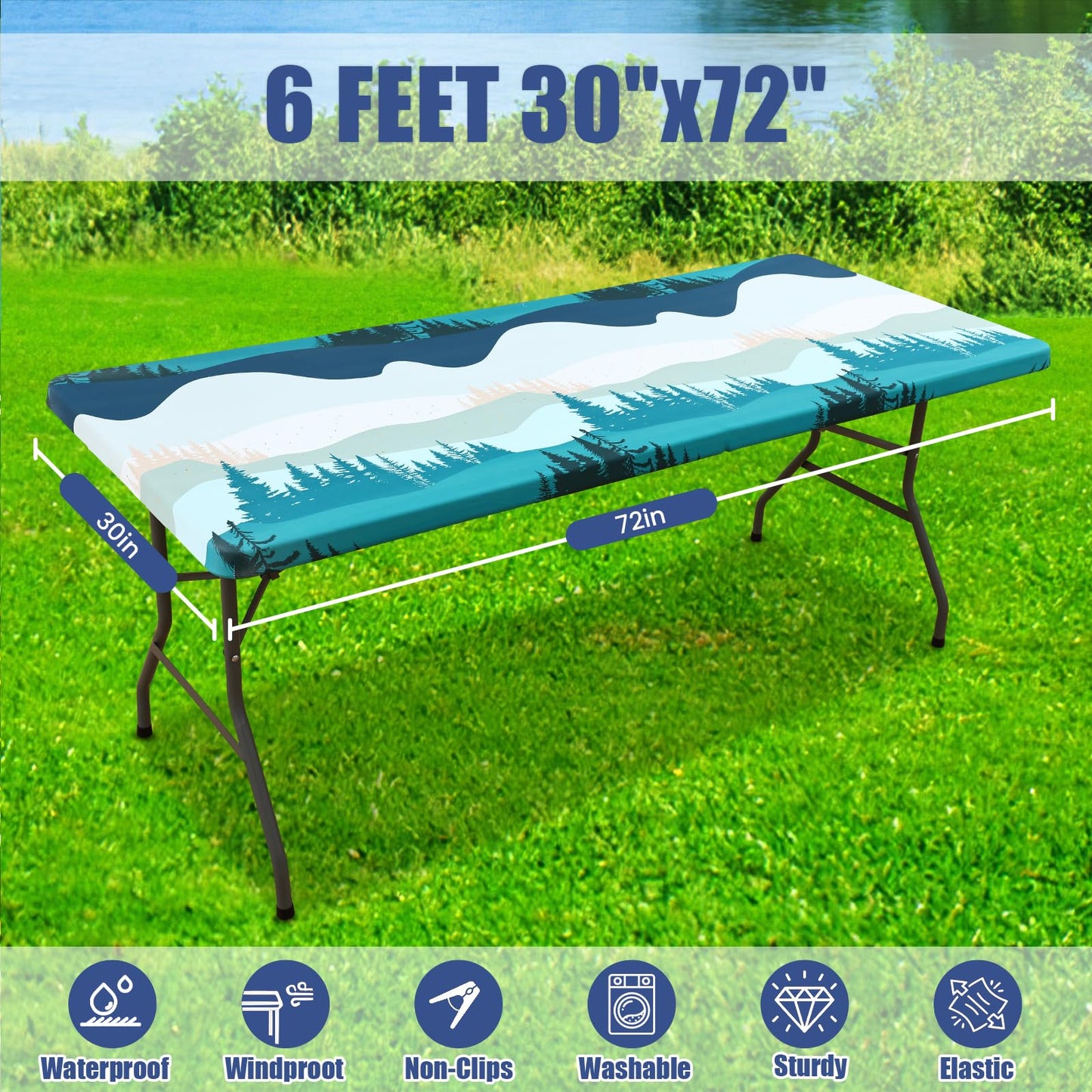 Moosfor Rectangle Fitted Table Cloth, Waterproof Spandex Elastic Tablecloths, Fits for 6 Foot Folding Tables, Stretch Washable Table Cover for Picnic, Camping, Outdoor (Forest, 30"x72")