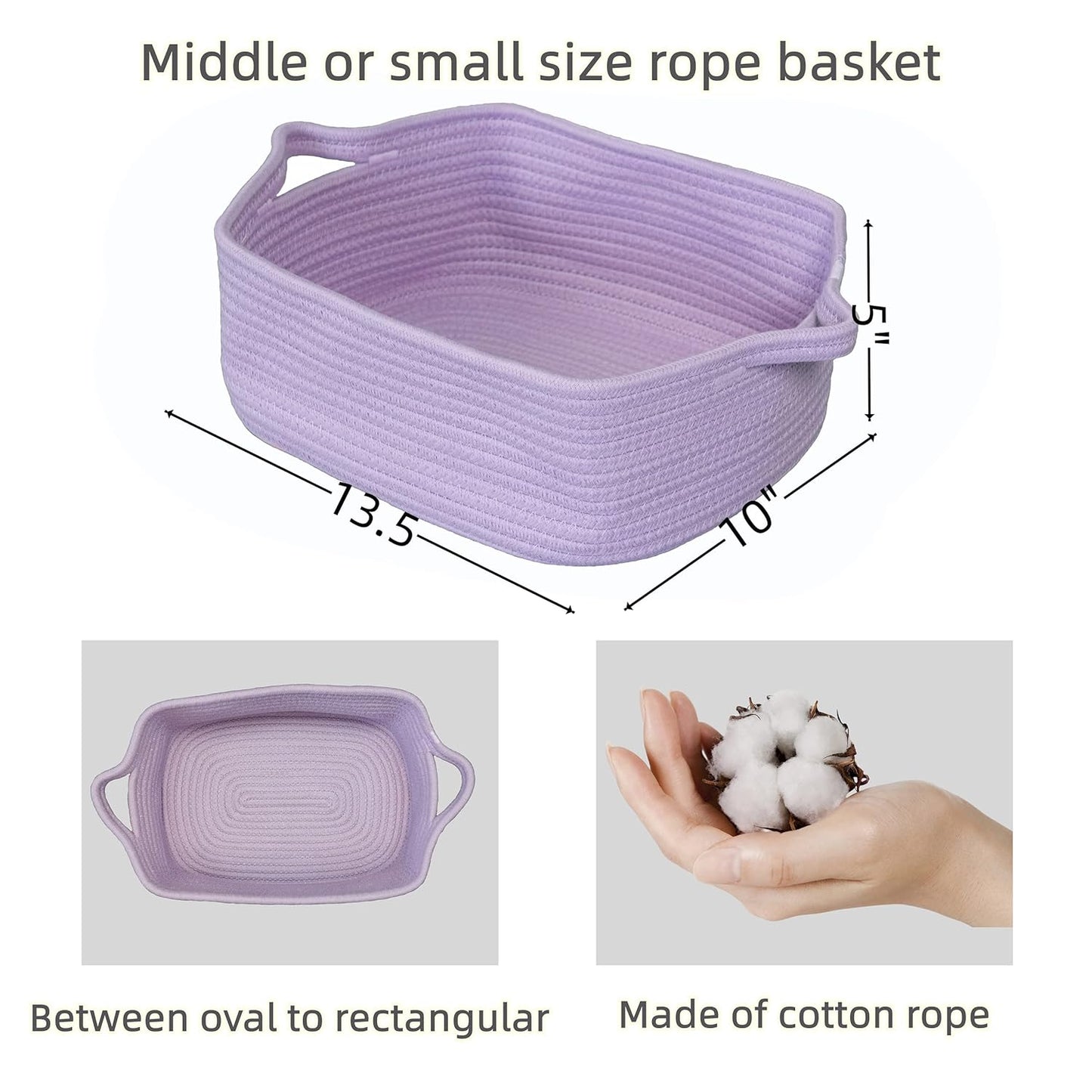 XUANGUO Woven Cotton Rope Storage Basket - Decorative Rectangle Toy Bin with Handles | Light Purple