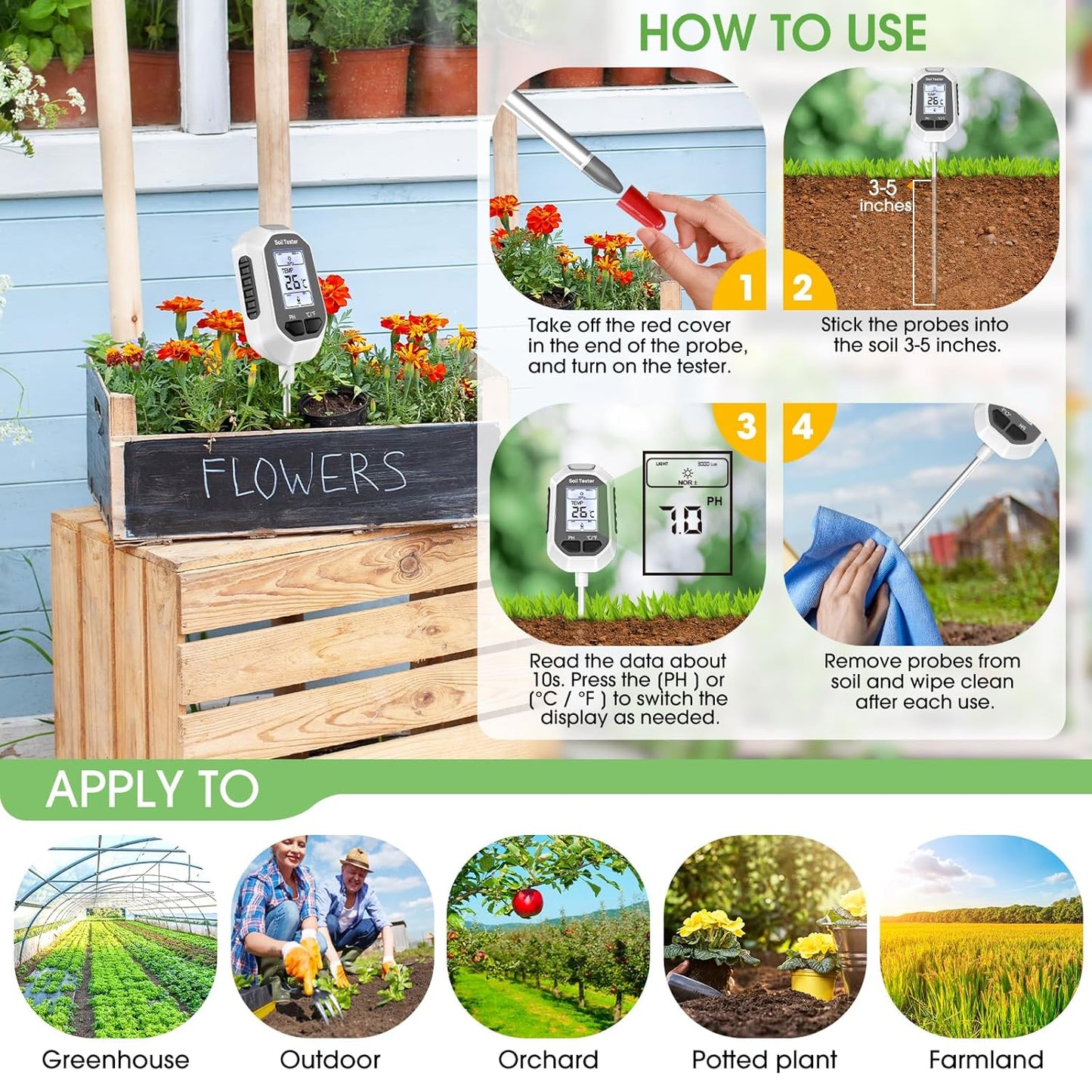 YAMRON 4-in-1 Soil Moisture Meter - Digital Plant Temperature, pH & Sunlight Tester | Backlit LCD Display for Gardening