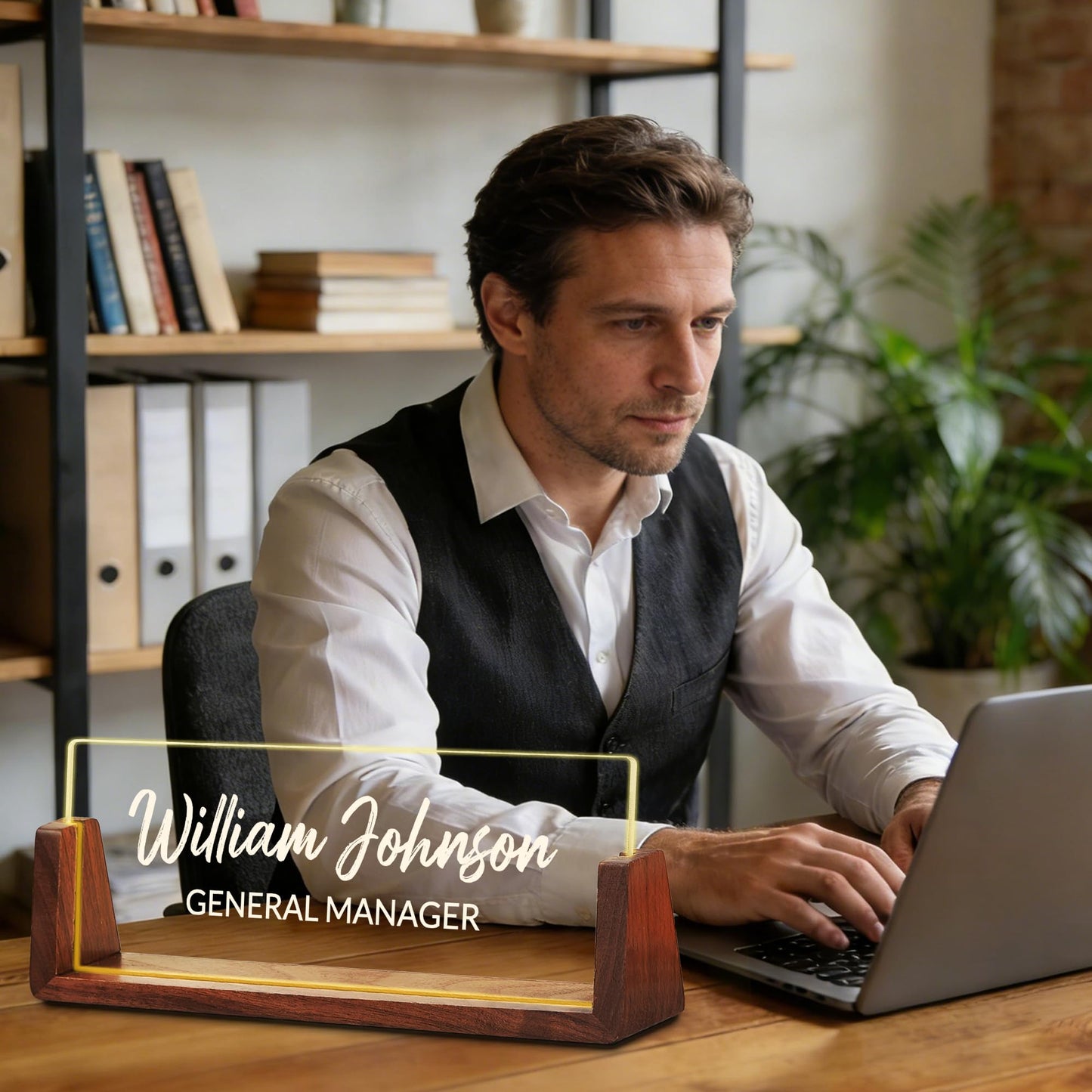 Ship Next Day Custom Name Plate for Desk, Personalized Acrylic Desk Name Plate with LED Walnut Frame, Office Desk Accessories, Appreciation Gifts for Boss Employee Coworker Teacher Women Men (Classic)