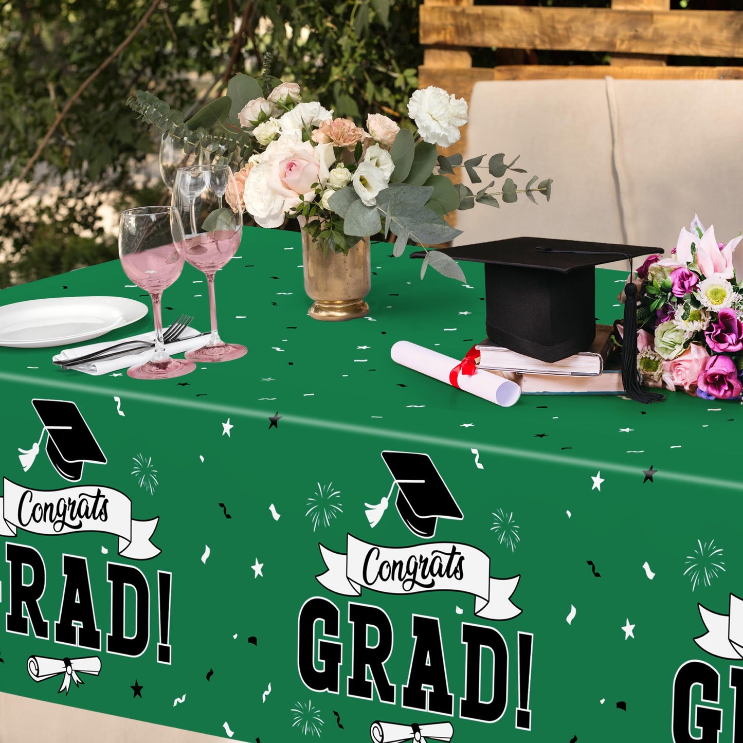 QZYL 2 PCS Graduation Tablecloth, 108" X 54" Green Graduation Table Decorations 2026, Rectangle Table Cloths for Class 2026 Congrats Grad, Disposable Plastic Tablecover for Grad Decor Party Supplies