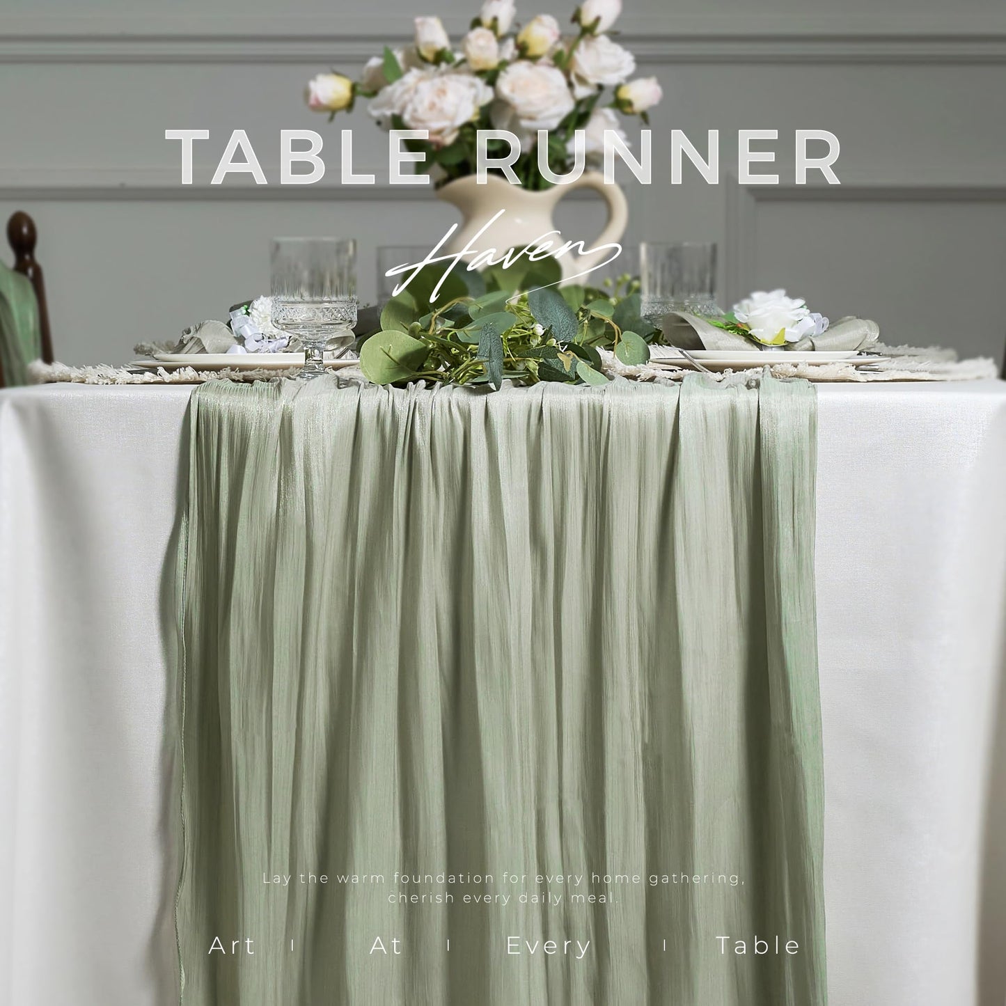 Leetaltree Dazzle Table Runner-Luxury Scarf Table Runner 120 Inch 10FT - Liquid Silk Shine, Elegant Gift Set with Card for Wedding, Christmas, Baby Shower,Holiday & Home Decor (Sage Green, 1 Pack)
