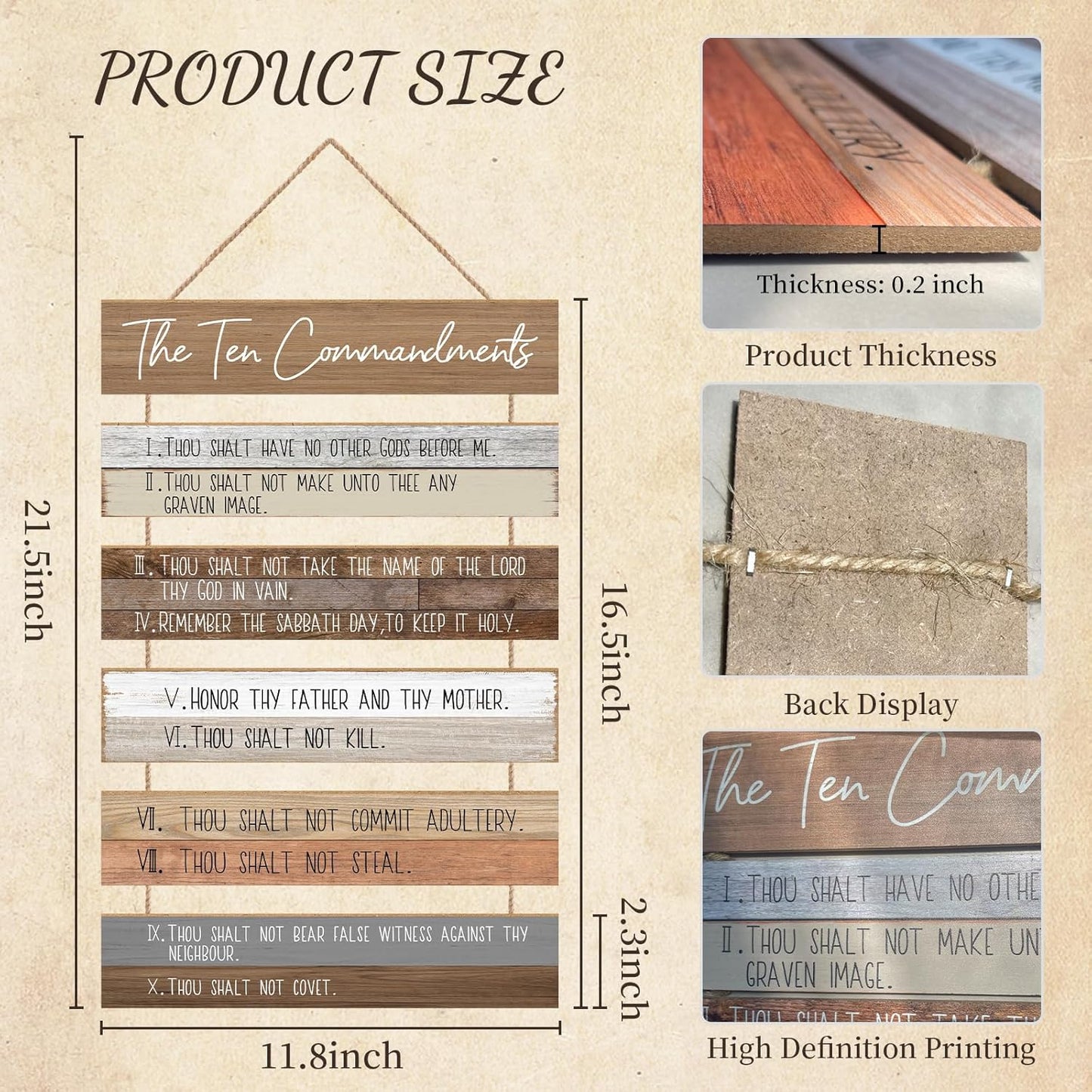 Ten Commandments | Christian Wall Decor Art - Wooden Bible Verse for Home, Bedroom, Office, Garden