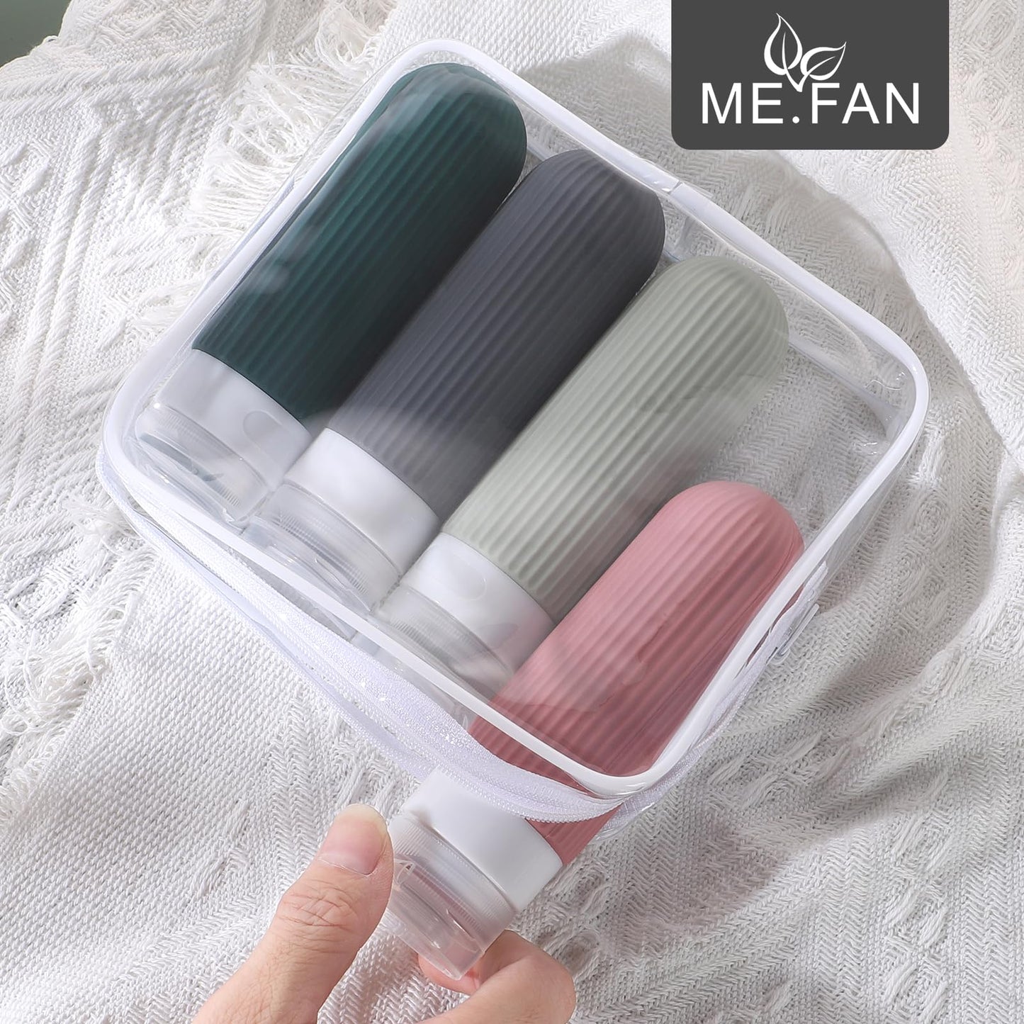ME.FAN Travel Bottles for Toiletries, TSA Approved 3oz Silicone Journey Size Containers, Portable Split Bottle for Conditioner, Shampoo, Lotion- 4 Pack Morandi