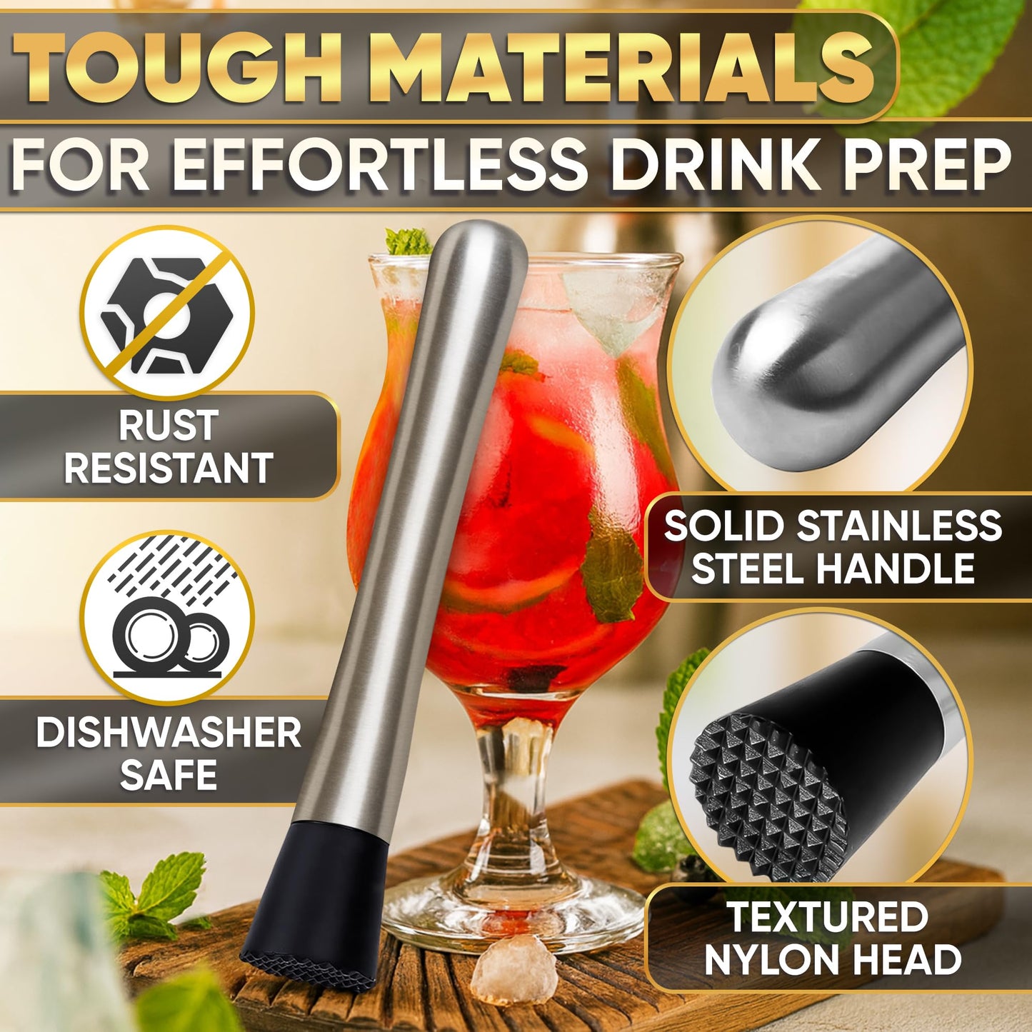 Muddler for Cocktails – 8 Inch Cocktail Muddler Tool with Stainless Steel Handle & Grooved Nylon Head – Fruit Smasher for Drinks, Mojitos, Mint, Lemons, Herbs, Berries – Home Bar & Bartender Essential