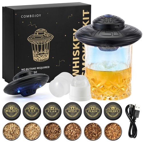 ComboJoy Electric Whiskey Smoker Kit with LED – 6 Flavors Wood Chips, Whiskey Glass & Ice Cube Mold – Rechargeable Cocktail Smoker, Old Fashioned Bourbon Gifts for Men, Dad, Husband -Black