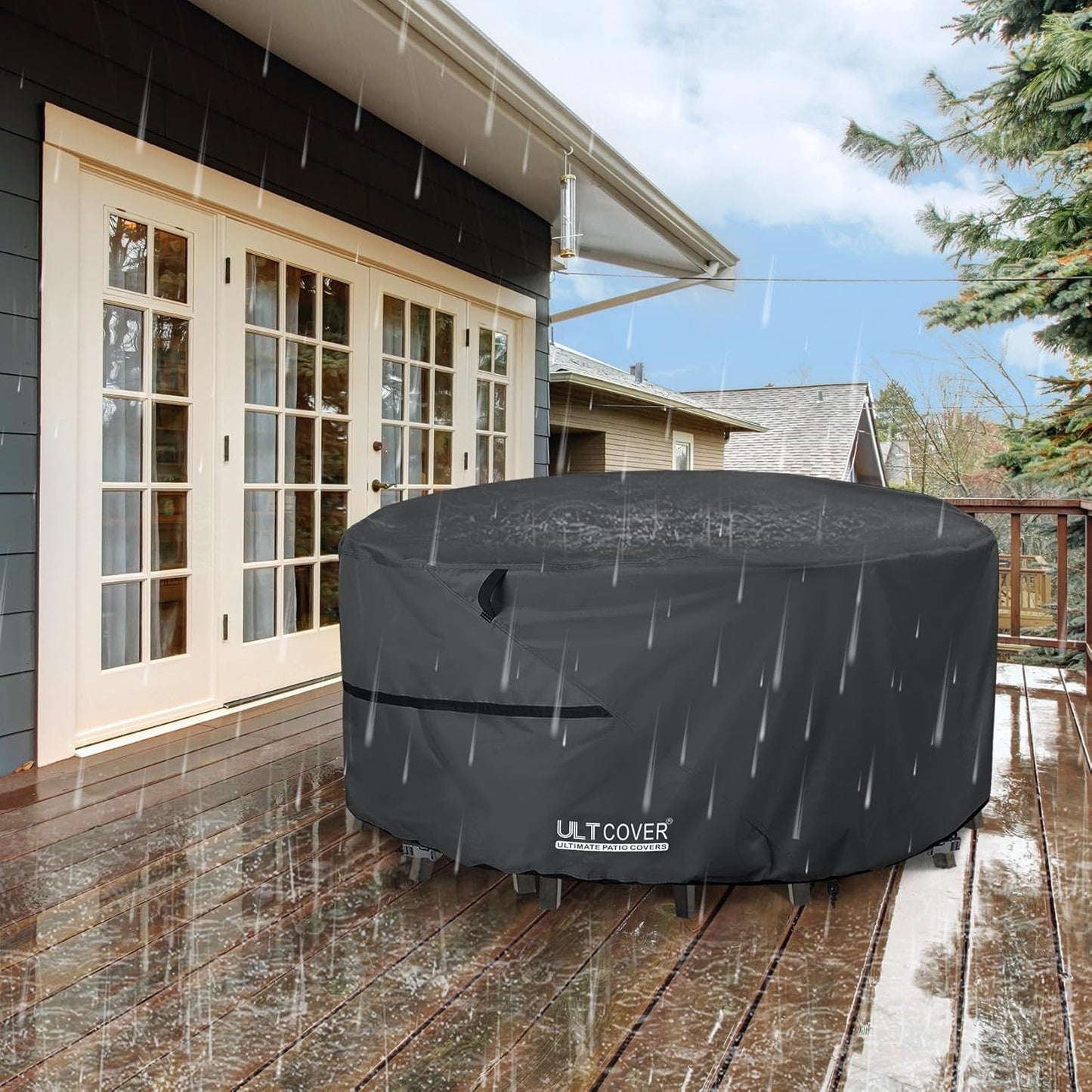 ULTCOVER Round Patio Furniture Cover - Waterproof 60-Inch Table & Chair Set Cover, Black